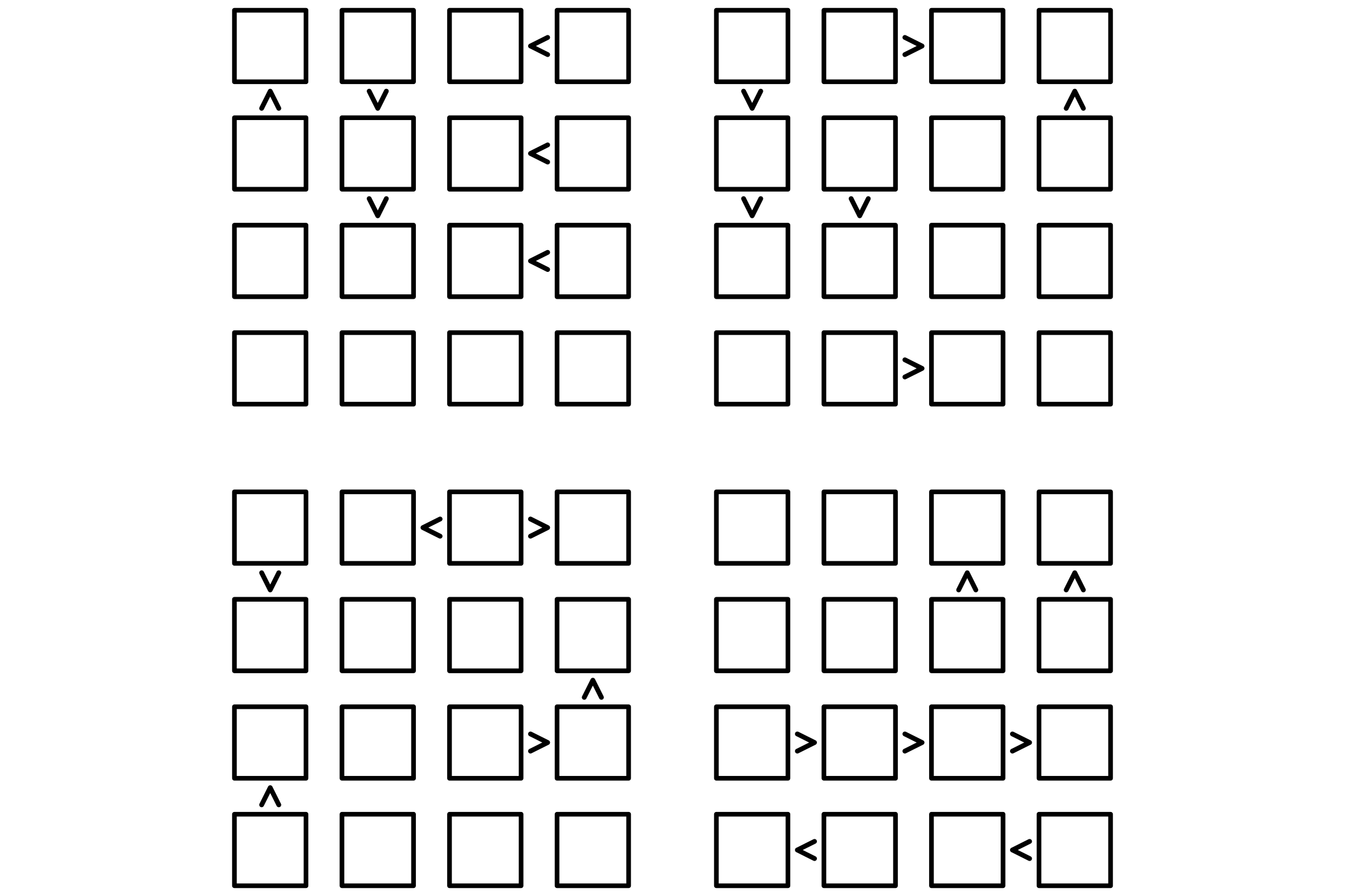 A sheet of four 4x4 futoshiki grids with inequality signs between the cells, in black on white.