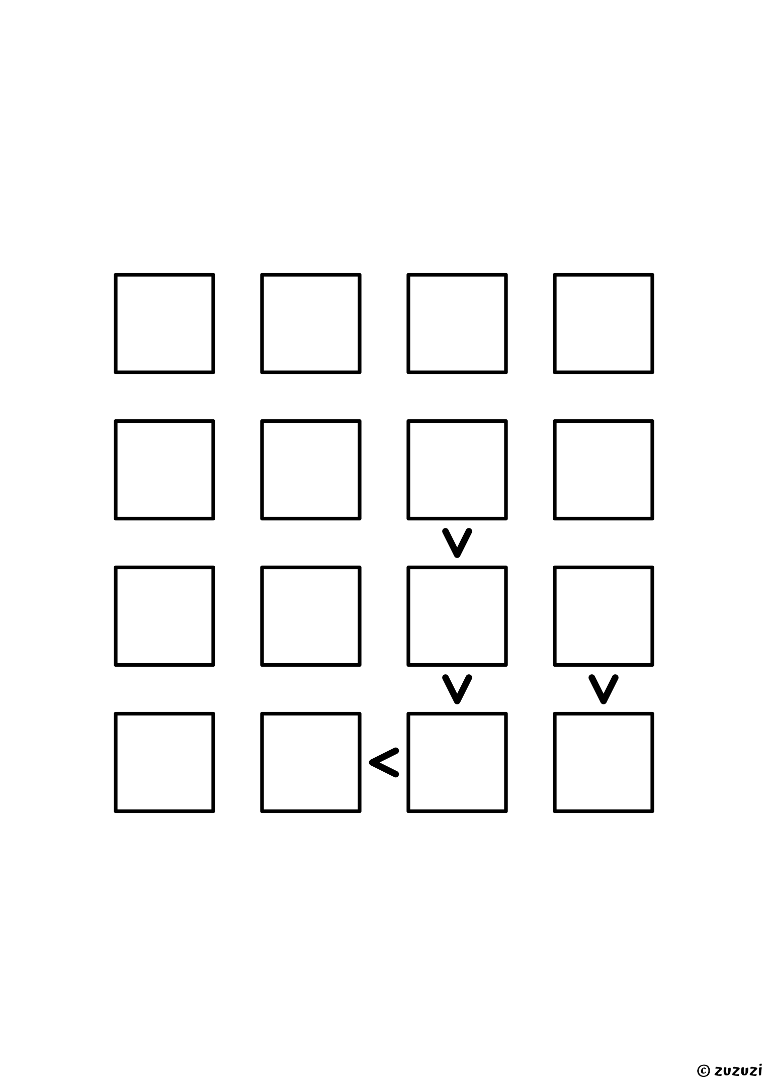 4x4 futoshiki with no given digit and only four signs: the smallest set of clues that still forces a single solution. Puzzle 1 of 8.