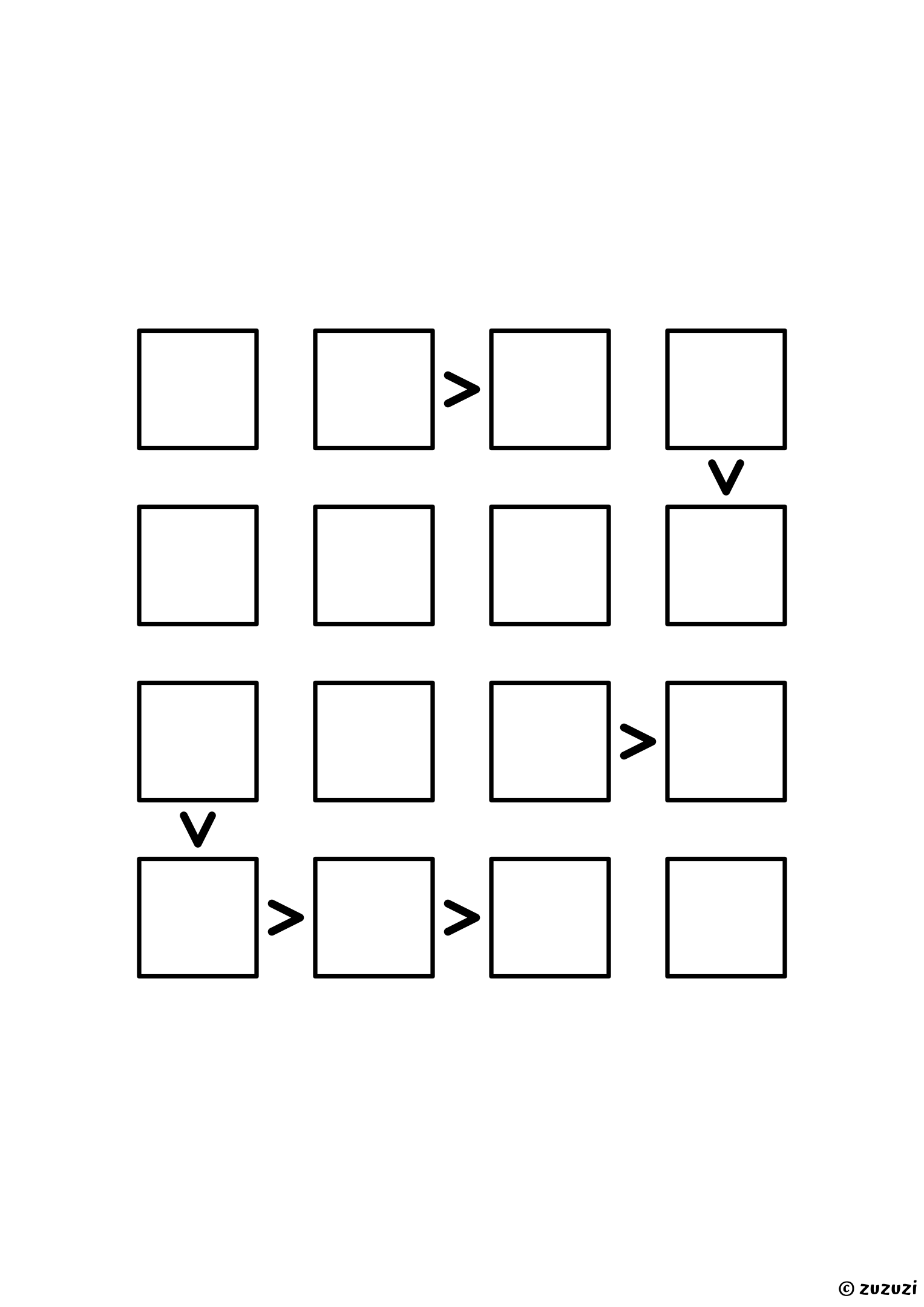 4x4 futoshiki with six inequality signs and no given digit; start from the cell that two signs declare larger than its neighbours. Puzzle 2 of 8.