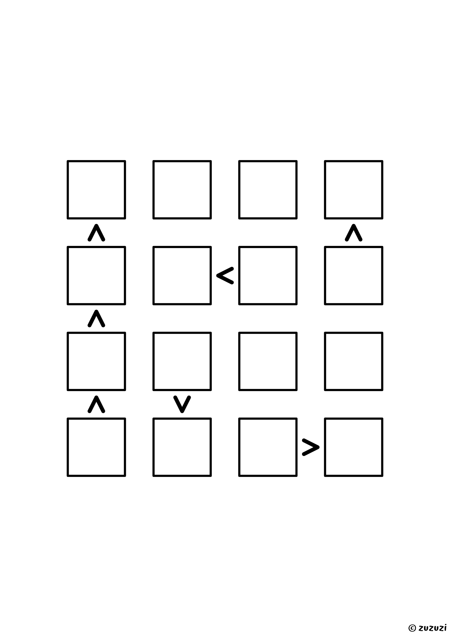 4x4 futoshiki with seven signs and no given digit, the densest grid of the set: the chains of signs do all the work. Puzzle 3 of 8.