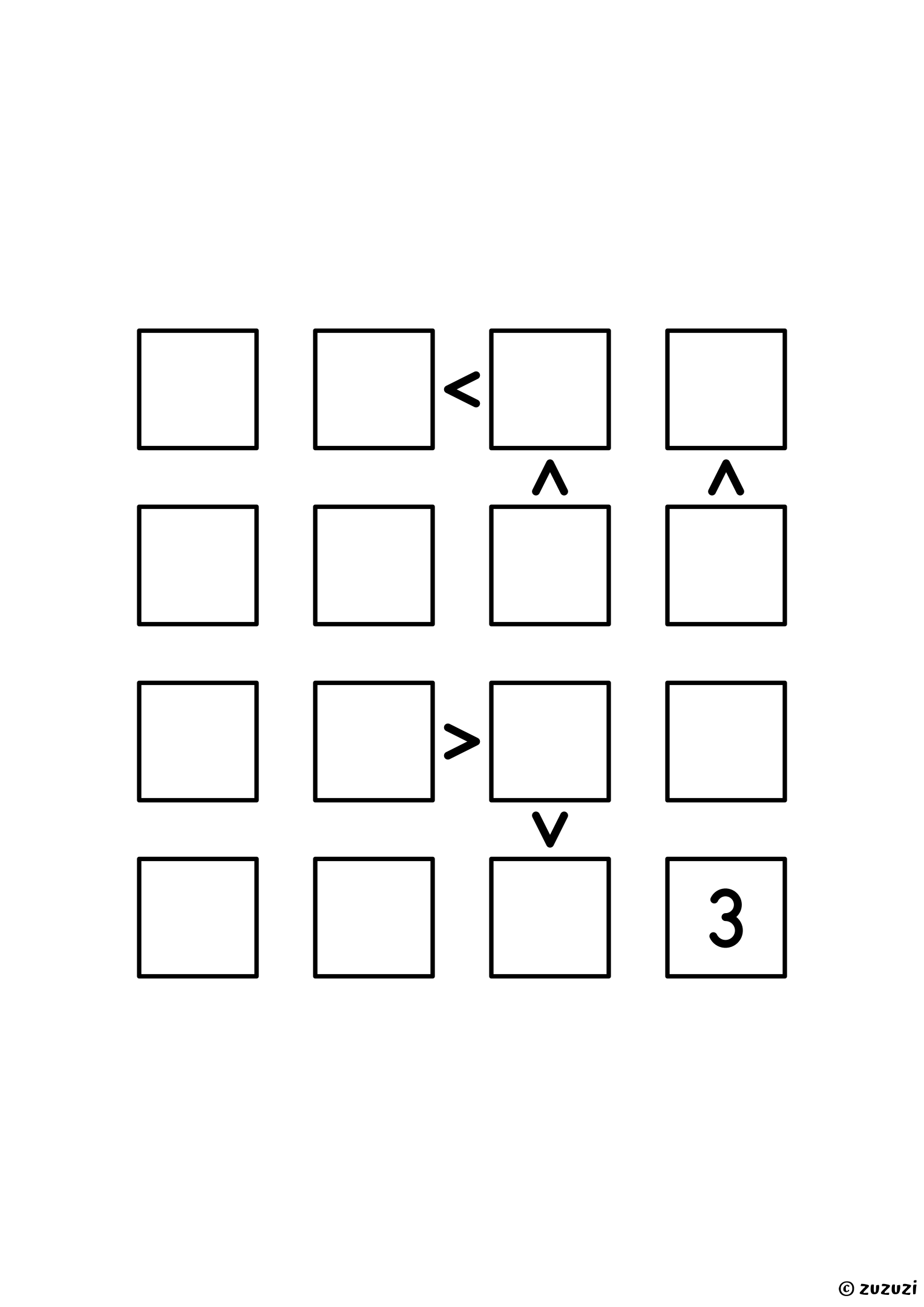 4x4 futoshiki with one given digit and five signs: fill what the given digit forbids in its row and column, then follow the signs. Puzzle 4 of 8.