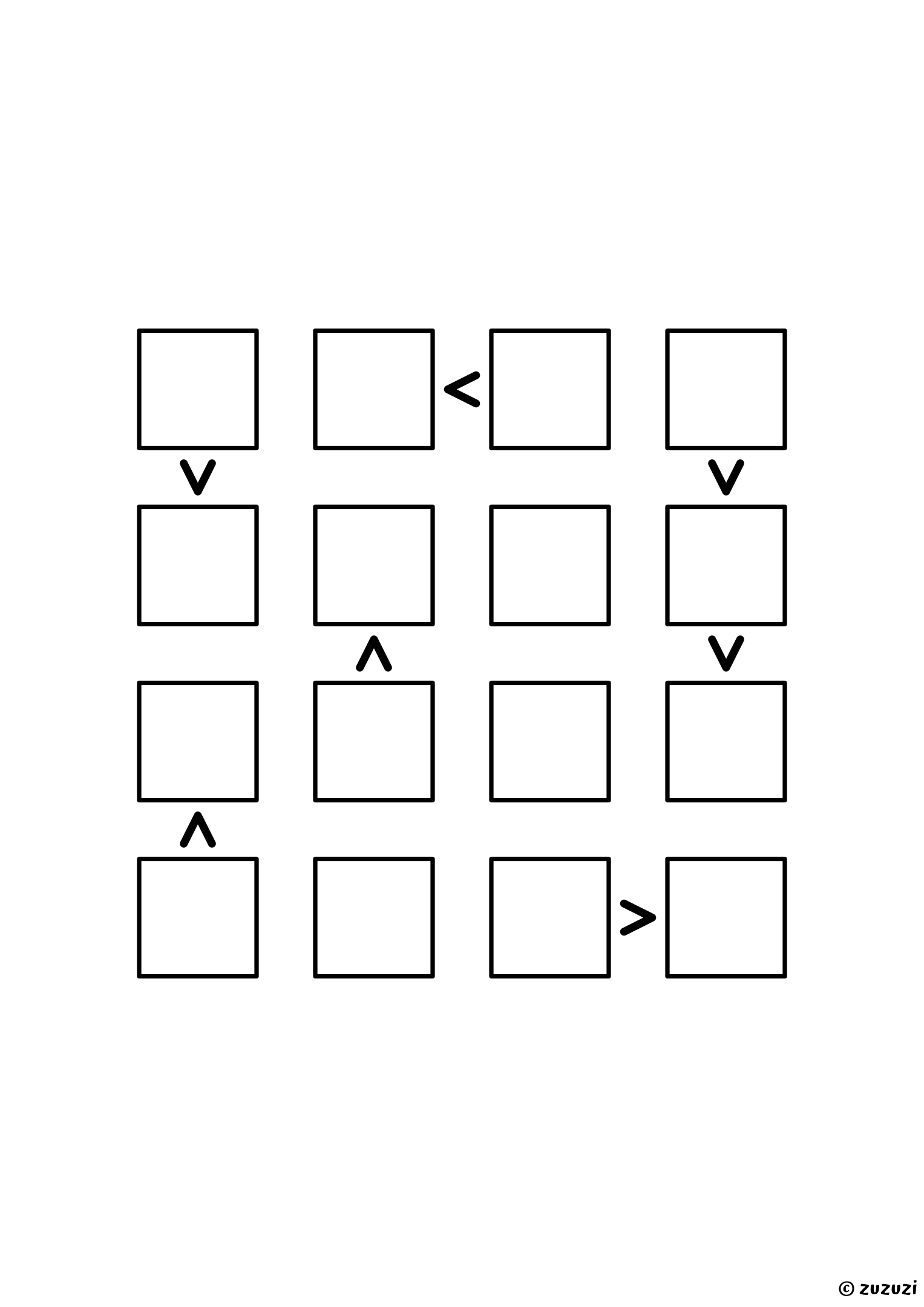 4x4 futoshiki with seven signs and no given digit: look for a cell declared greater than two neighbours, it holds 3 or 4. Puzzle 6 of 8.