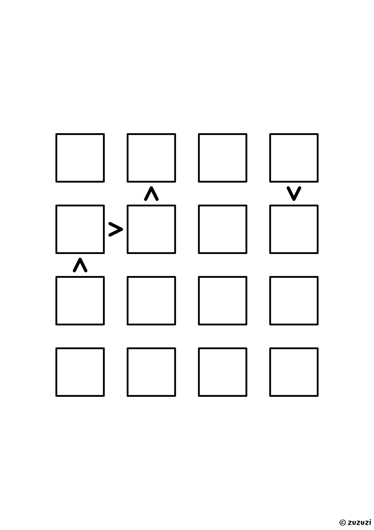 4x4 futoshiki with four signs and no given digit, as sparse as the first puzzle, with the signs placed differently. Puzzle 7 of 8.