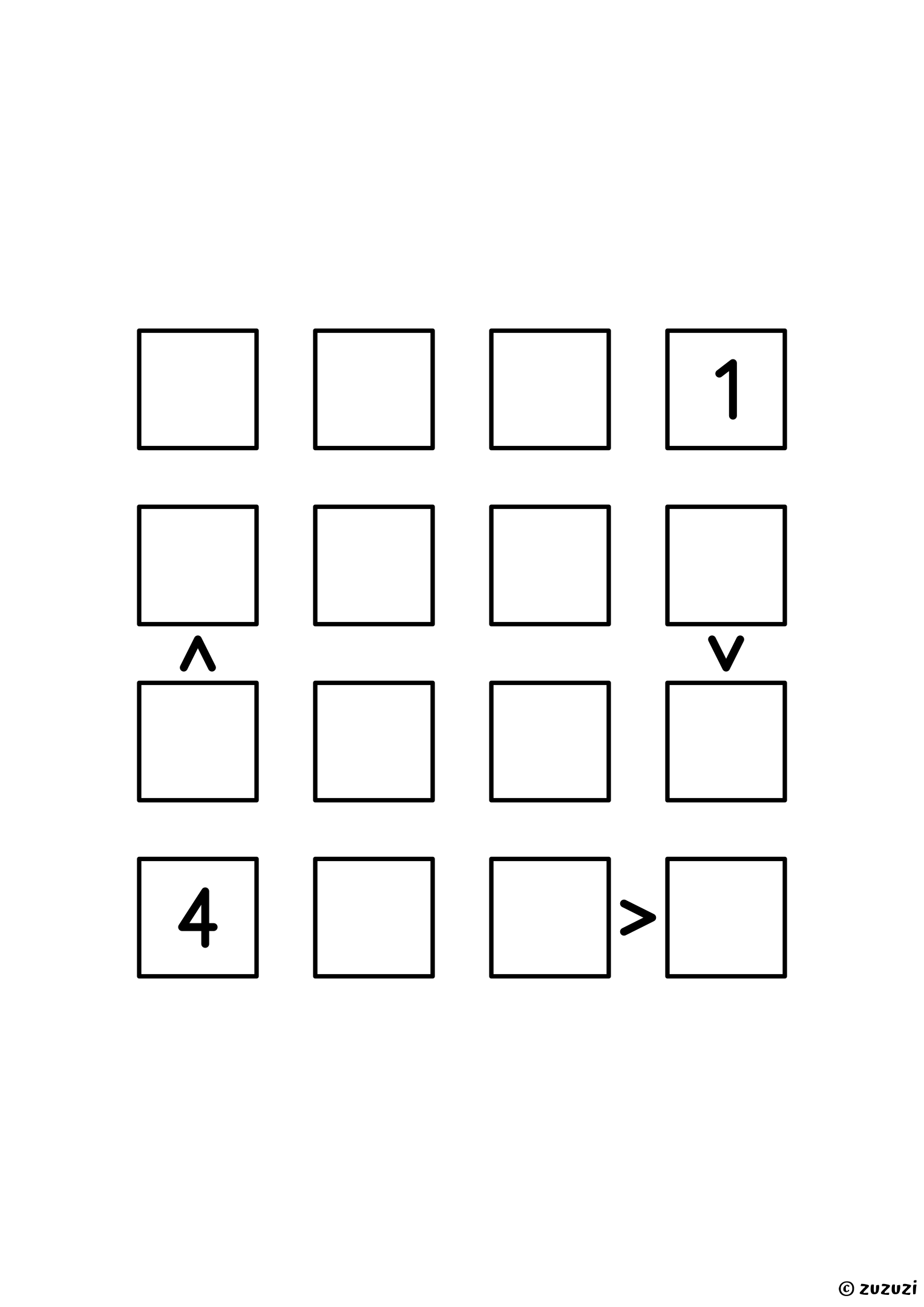 Friendly 4x4 futoshiki puzzle with inequality signs between neighboring cells. Digits 1 to 4, one solution. Variant 1.