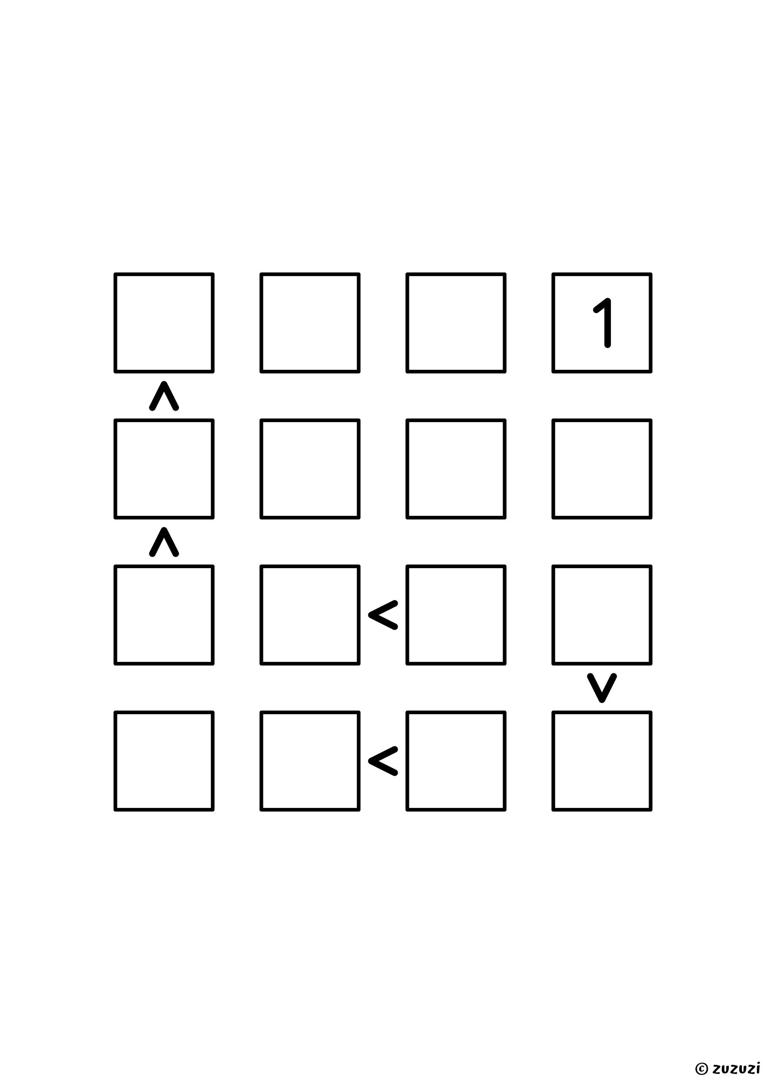 Friendly 4x4 futoshiki puzzle with inequality signs between neighboring cells. Digits 1 to 4, one solution. Variant 3.
