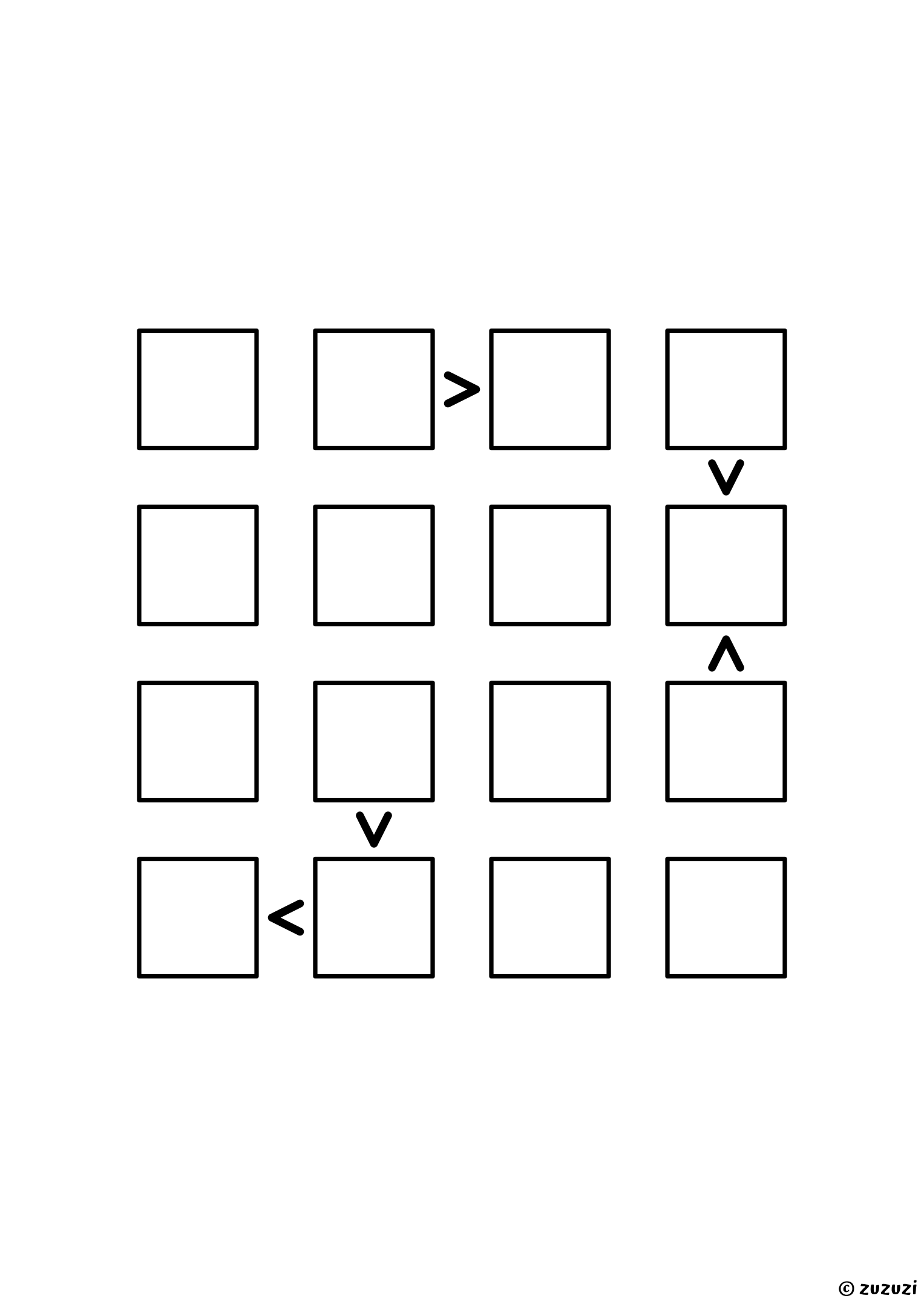 Friendly 4x4 futoshiki puzzle with inequality signs between neighboring cells. Digits 1 to 4, one solution. Variant 4.