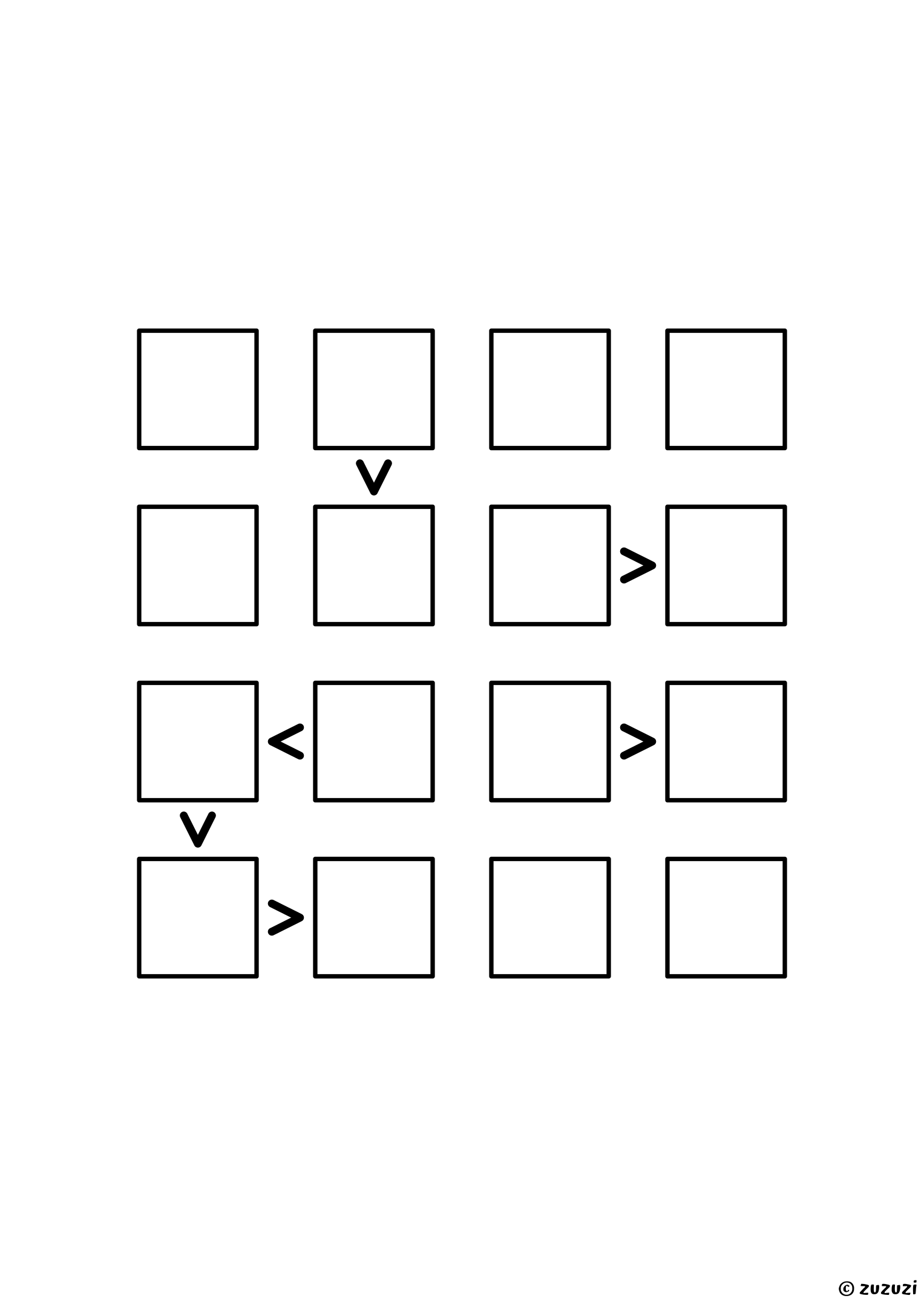 Friendly 4x4 futoshiki puzzle with inequality signs between neighboring cells. Digits 1 to 4, one solution. Variant 6.