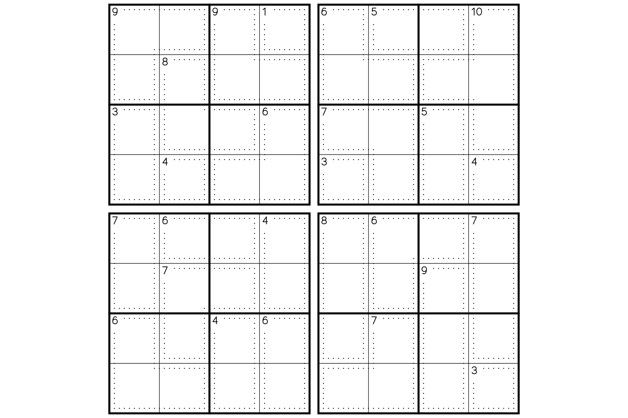 A sheet of four 4x4 killer sudoku grids with dotted cages and their sums, in black on white.