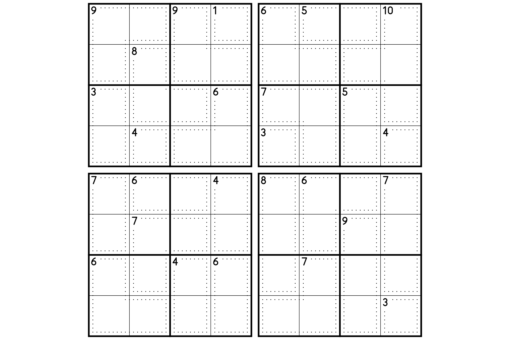 A sheet of four 4x4 killer sudoku grids with dotted cages and their sums, in black on white.