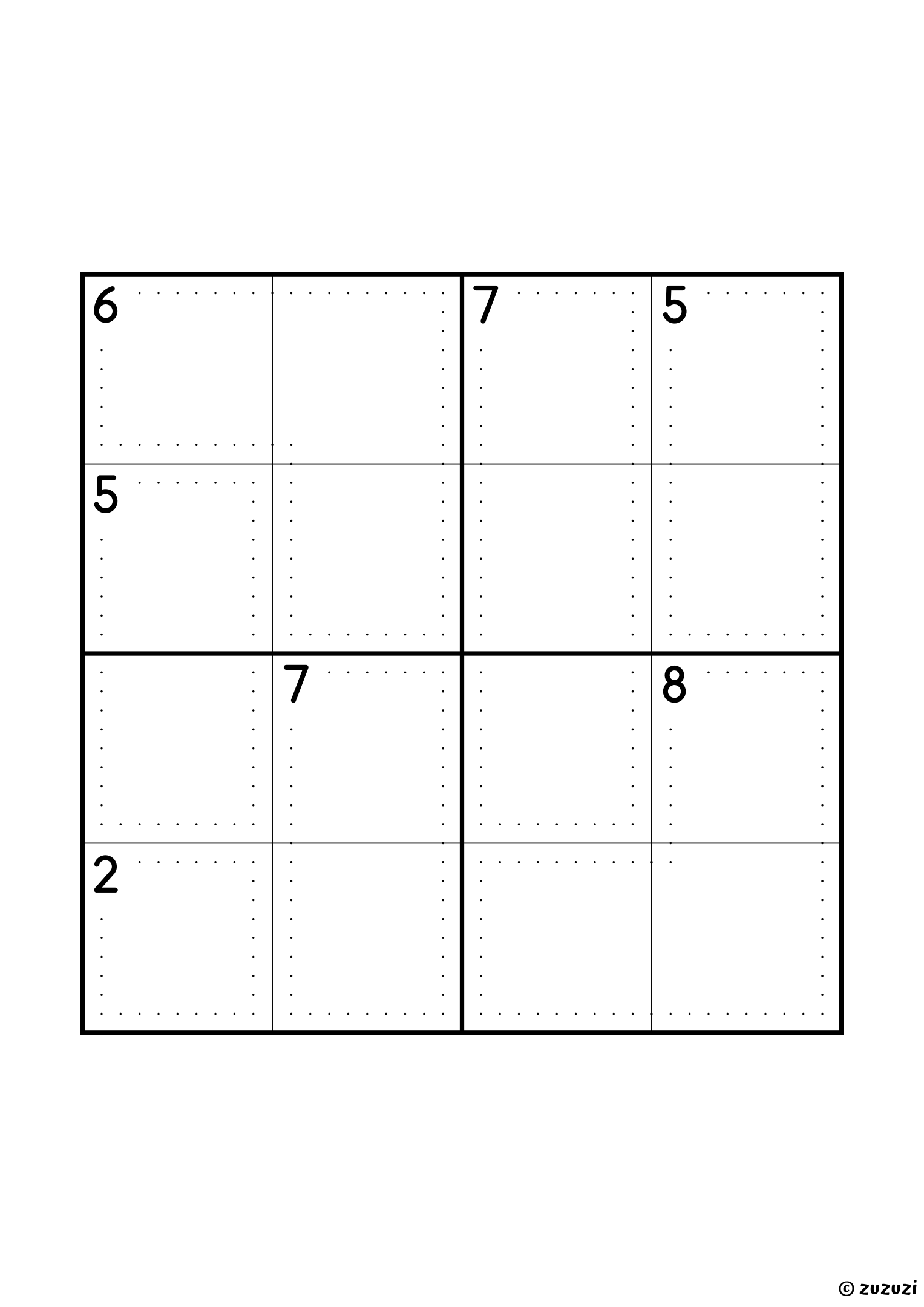 4x4 killer sudoku with seven cages: a single cell of sum 2, three two-cell cages (5, 5 and 7) and three of three cells (6, 7 and 8). The lone 2 and the two-cell cage of sum 7, which can only hold 3 and 4, open the grid. Puzzle 1 of 8.