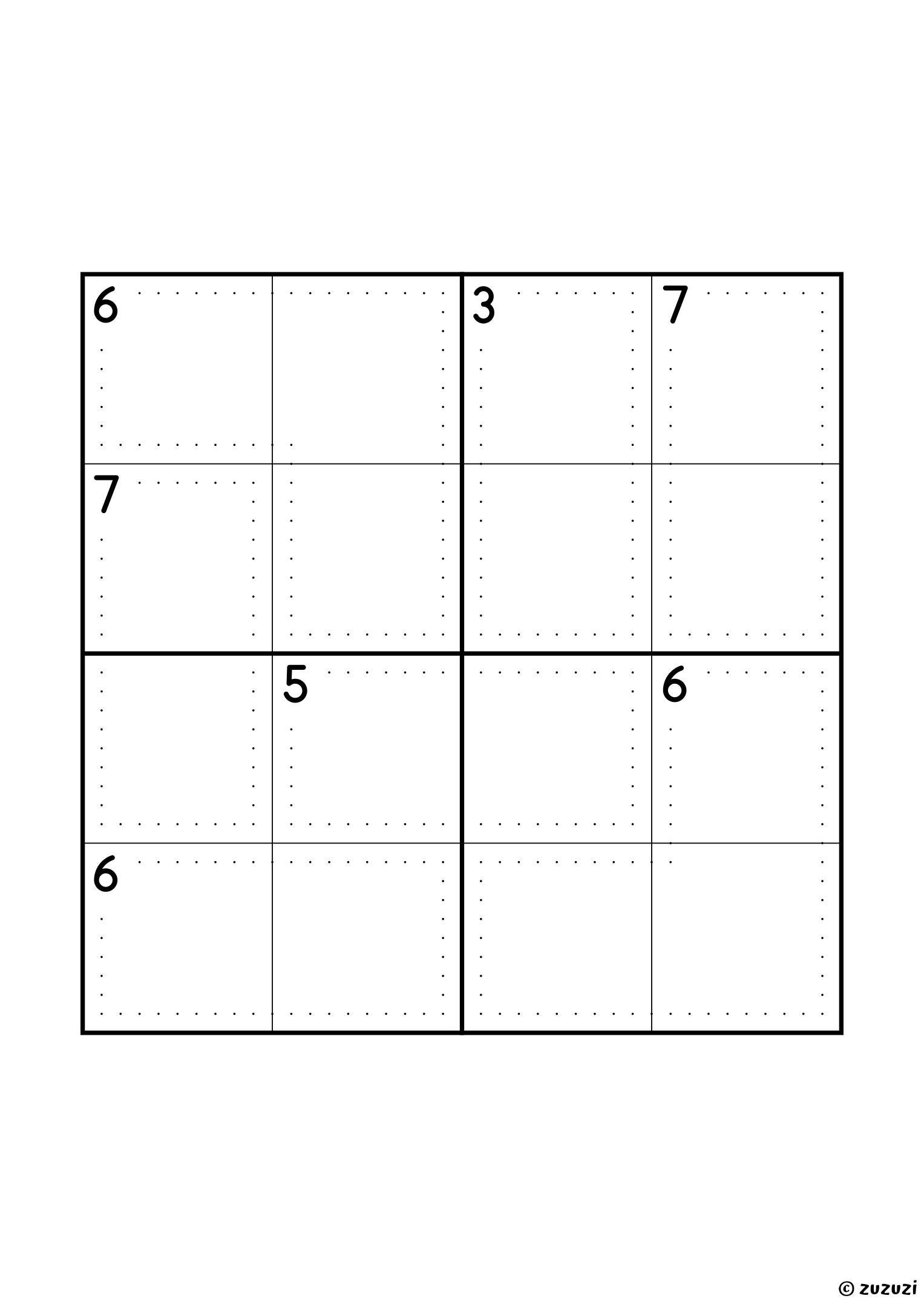 4x4 killer sudoku with seven cages and no single cell: five two-cell cages (3, 5, 6, 7 and 7) and two three-cell cages, both summing to 6. The cage of sum 3 can only hold 1 and 2, and each cage of sum 7 only 3 and 4. Puzzle 2 of 8.
