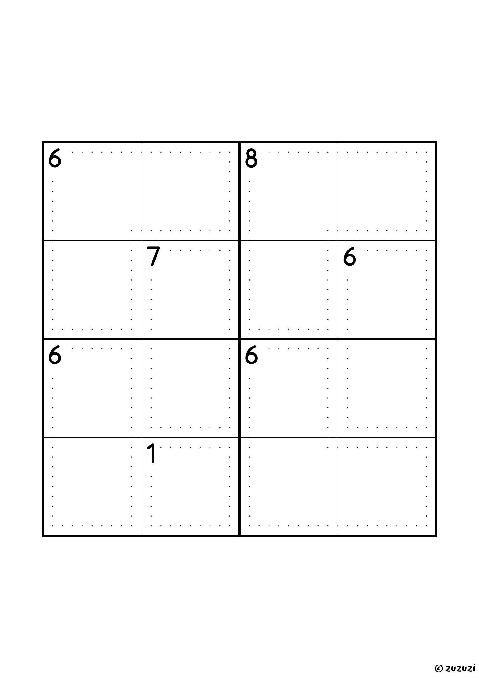4x4 killer sudoku with seven cages: a single cell of sum 1, three two-cell cages (6, 6 and 7) and three of three cells (6, 6 and 8). Four cages share the sum 6, each with different digits inside. Puzzle 3 of 8.