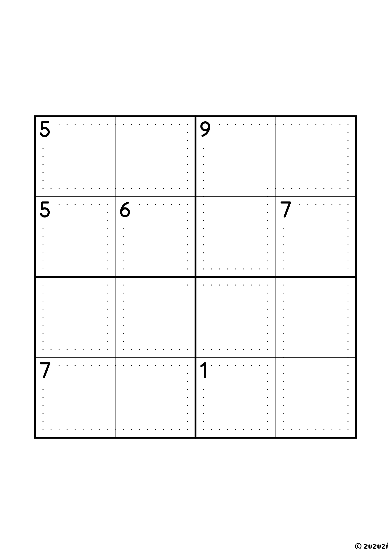 4x4 killer sudoku with seven cages: a single cell of sum 1, three two-cell cages (5, 5 and 7) and three of three cells (6, 7 and 9). The three-cell cage of sum 9 holds 2, 3 and 4, in some order. Puzzle 4 of 8.