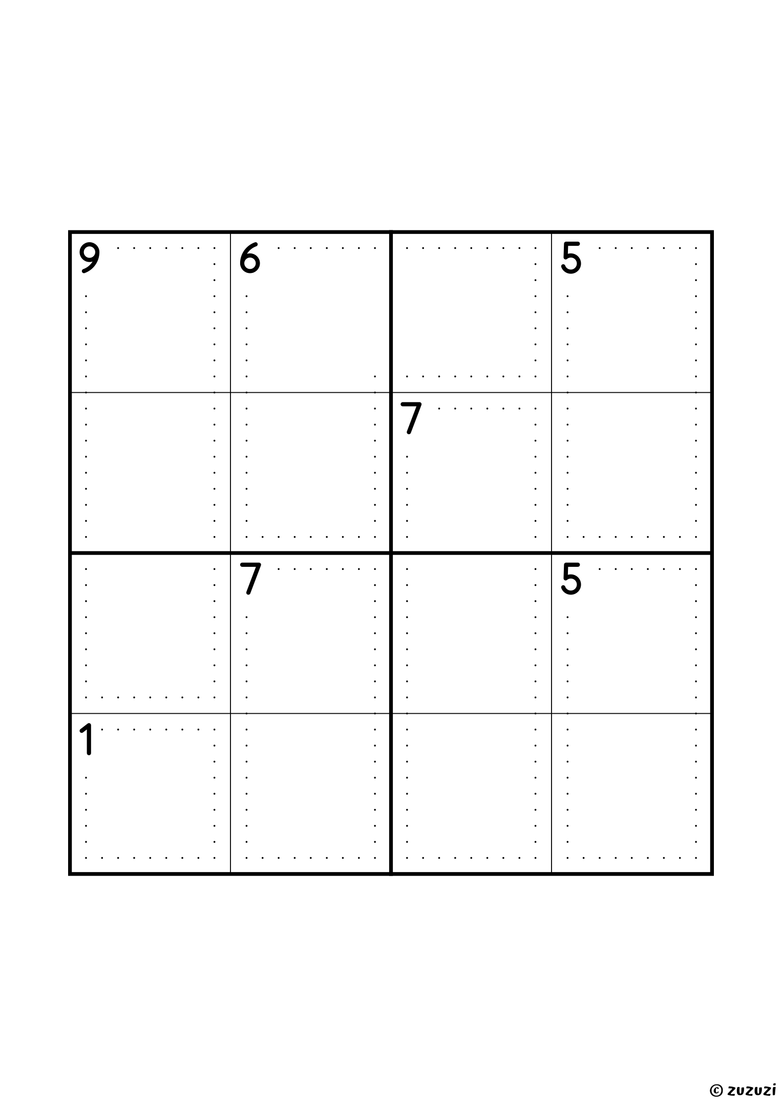 4x4 killer sudoku with a single cell of sum 1, two-cell cages of 5, 5 and 7, and three-cell cages of 6, 7 and 9: the same seven sums as puzzle 4, laid out another way, for a second run of the same reasoning. Puzzle 6 of 8.