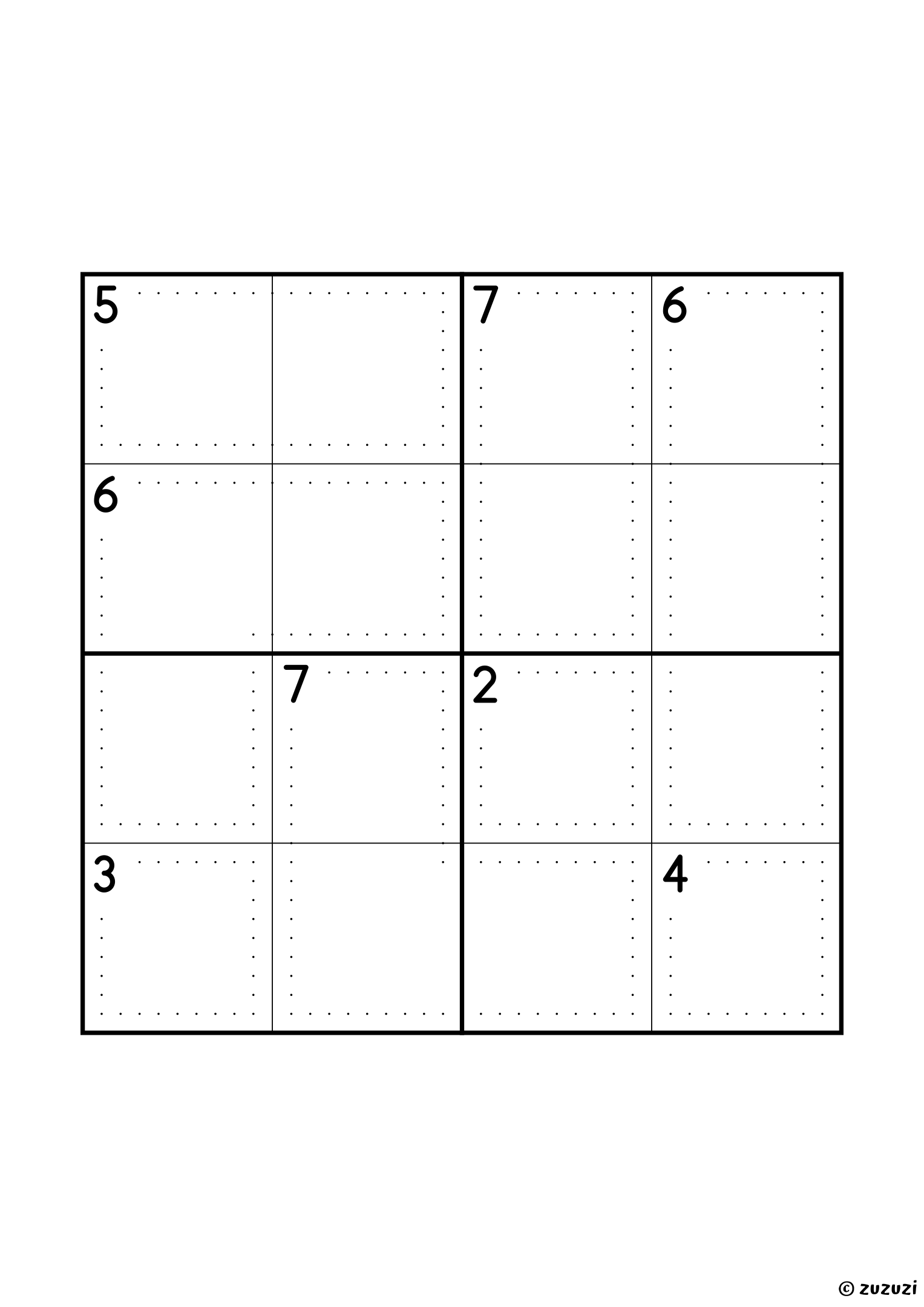 4x4 killer sudoku with eight cages, three of them single cells (2, 3 and 4) that give three digits straight away: the gentlest grid of the set. Then two two-cell cages (5 and 7) and three of three cells (6, 6 and 7). Puzzle 7 of 8.