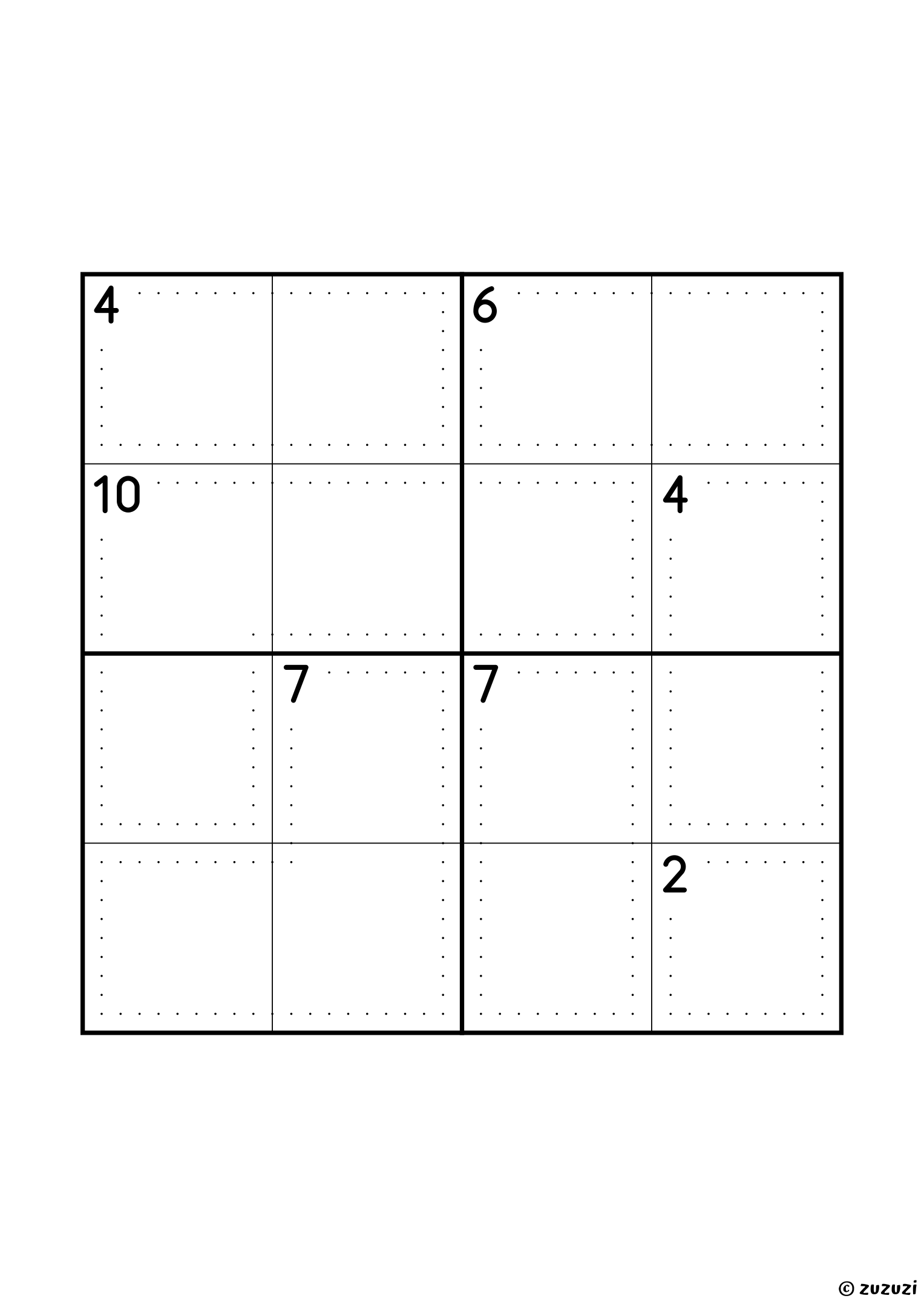 Beginner-friendly 4x4 killer sudoku with no given numbers, only dotted cages and their sums. Digits 1 to 4, one solution. Variant 1.