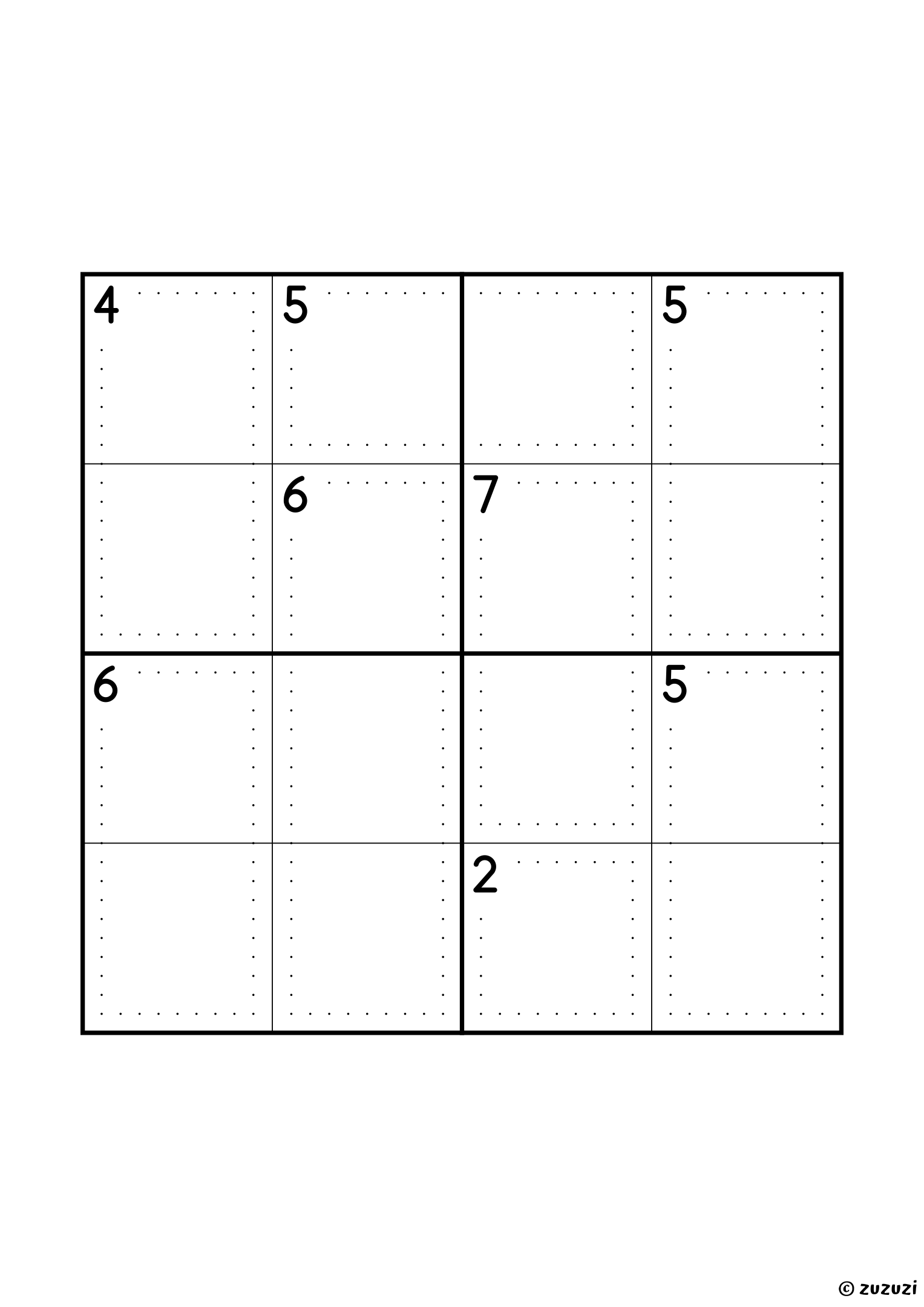 Beginner-friendly 4x4 killer sudoku with no given numbers, only dotted cages and their sums. Digits 1 to 4, one solution. Variant 2.