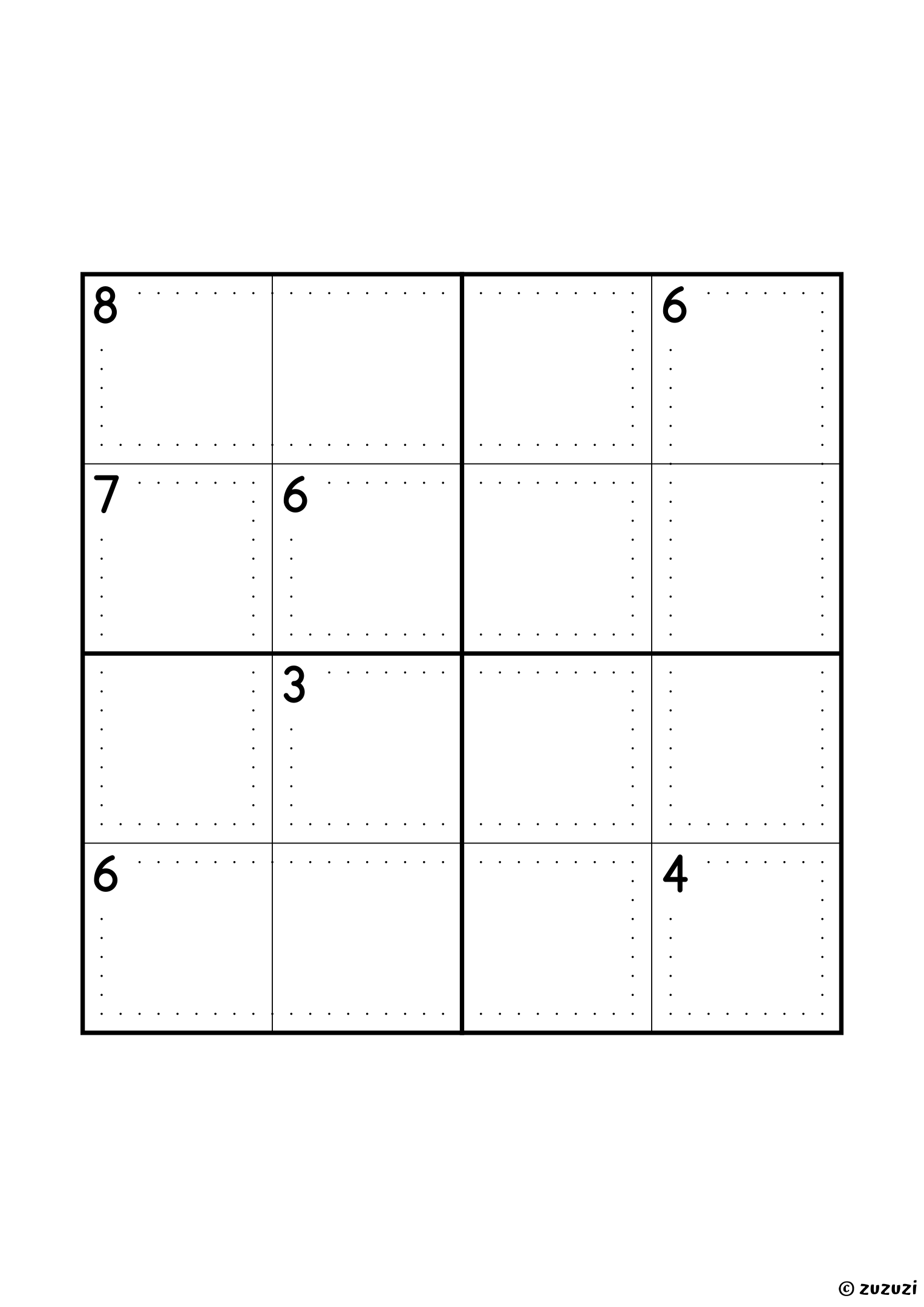 Beginner-friendly 4x4 killer sudoku with no given numbers, only dotted cages and their sums. Digits 1 to 4, one solution. Variant 4.