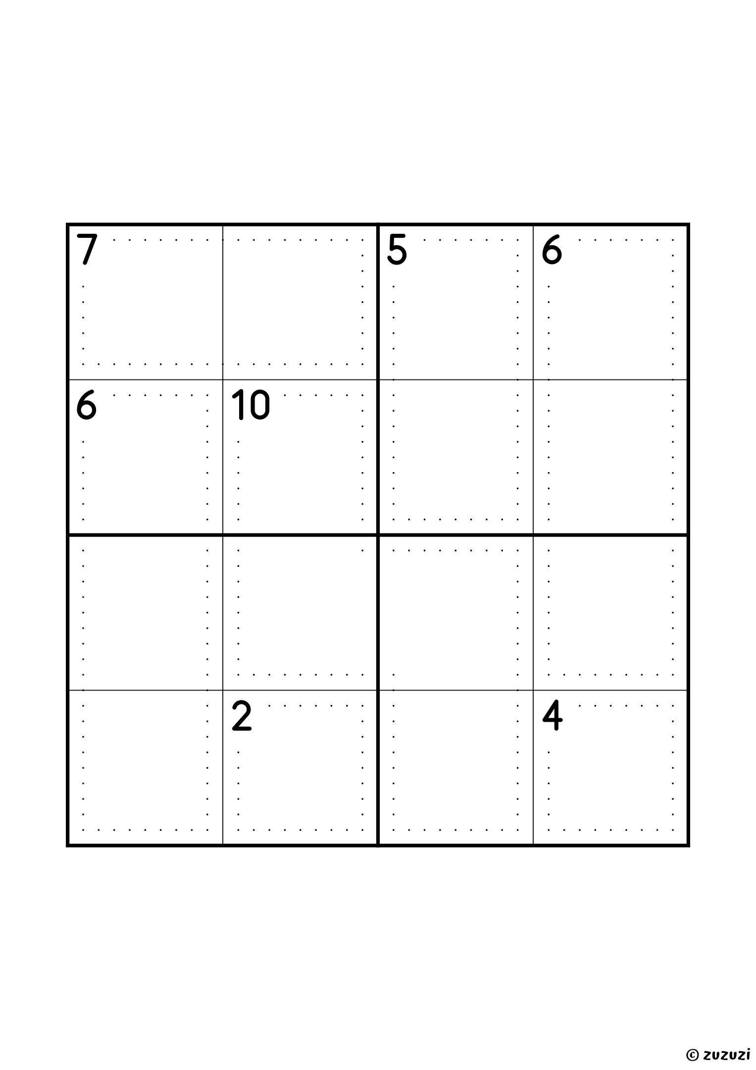 Beginner-friendly 4x4 killer sudoku with no given numbers, only dotted cages and their sums. Digits 1 to 4, one solution. Variant 5.