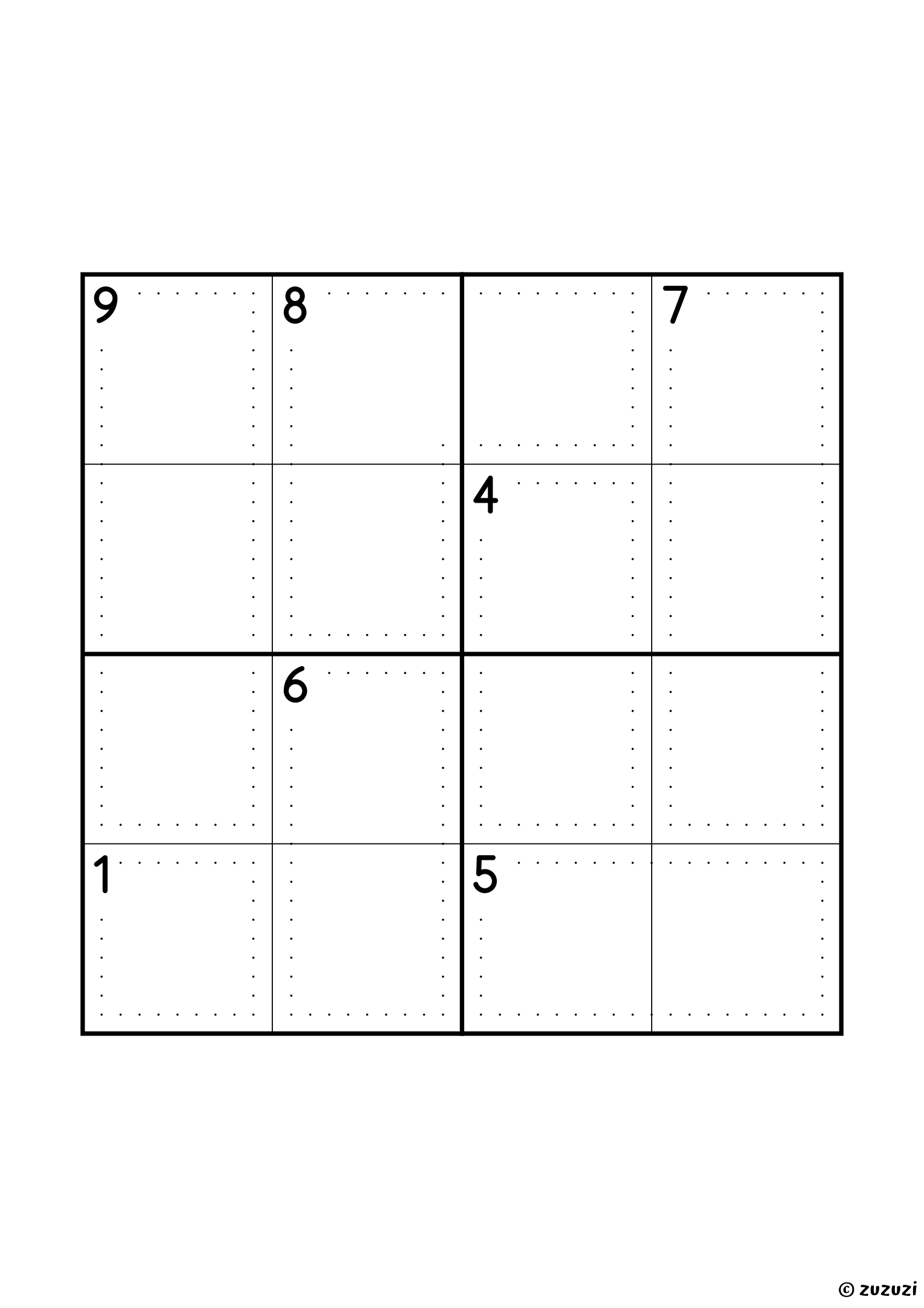 Beginner-friendly 4x4 killer sudoku with no given numbers, only dotted cages and their sums. Digits 1 to 4, one solution. Variant 6.
