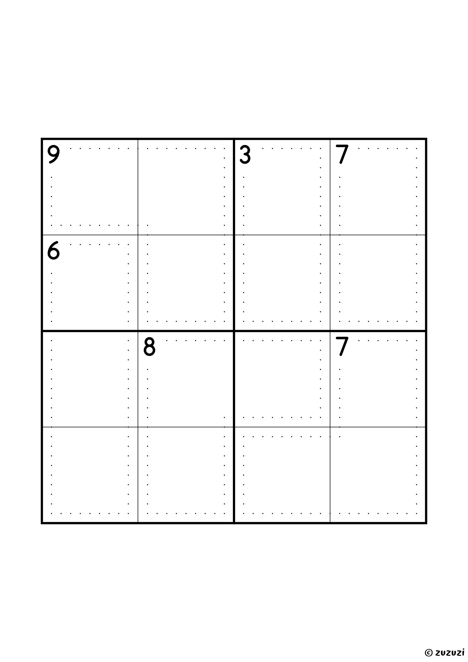 Beginner-friendly 4x4 killer sudoku with no given numbers, only dotted cages and their sums. Digits 1 to 4, one solution. Variant 8.