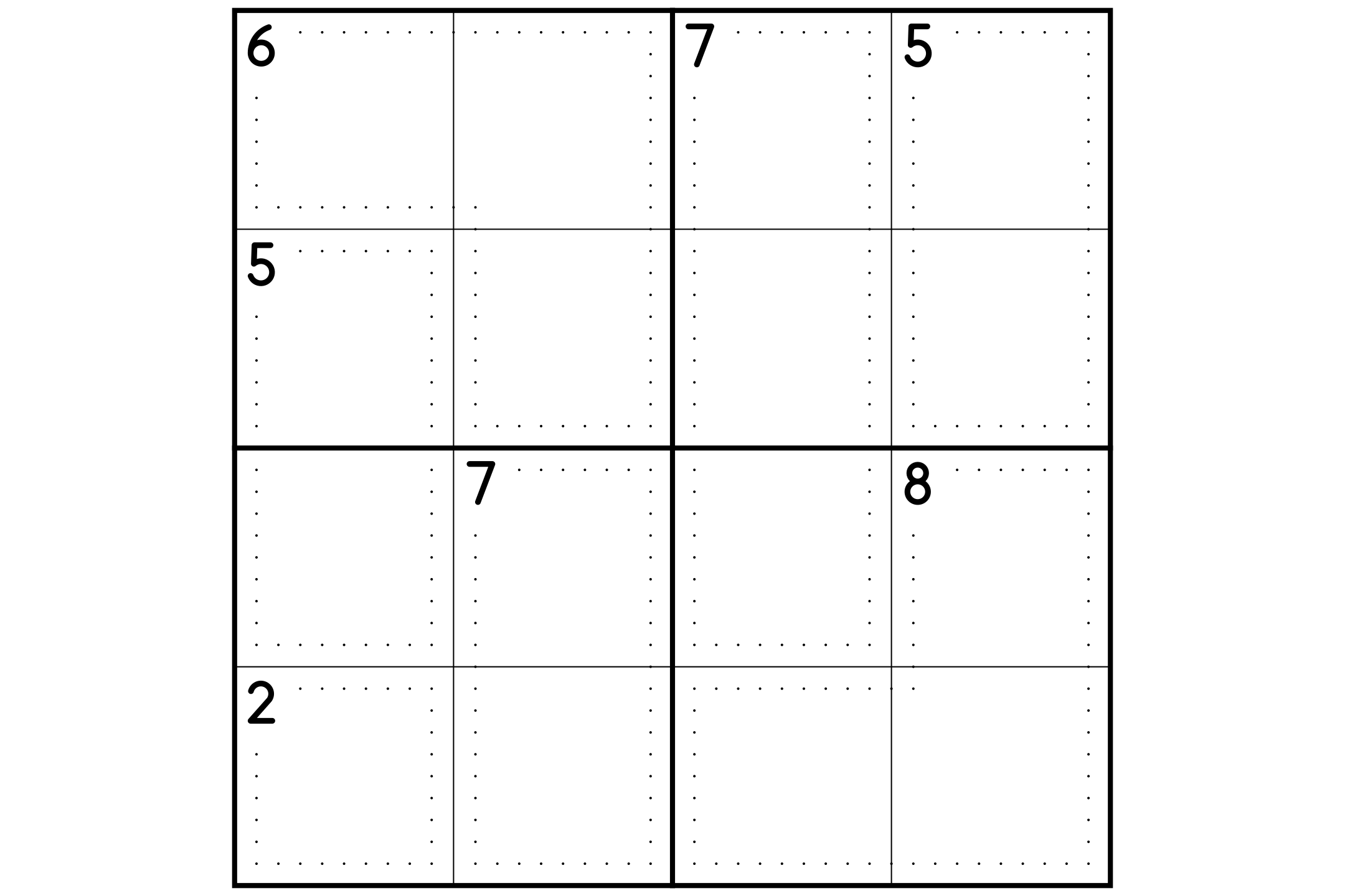 A 4x4 killer sudoku grid with dotted cages and their sums, and no given numbers, in black and white.
