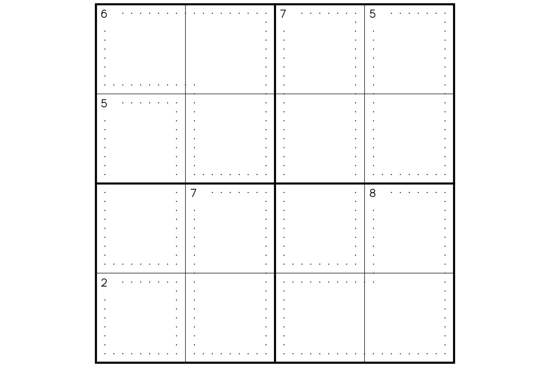 A 4x4 killer sudoku grid with dotted cages and their sums, and no given numbers, in black and white.