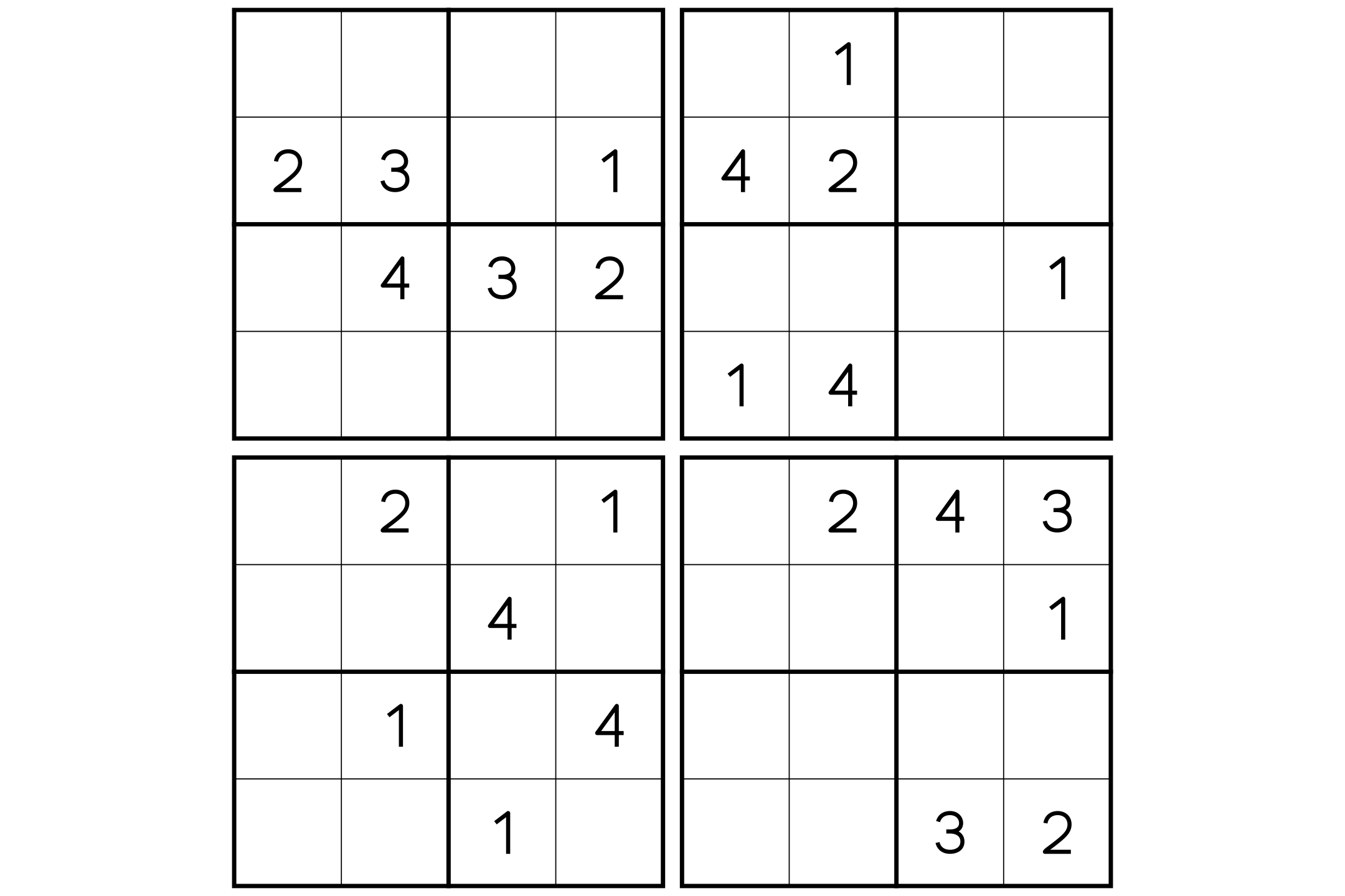 Four medium 4x4 sudoku puzzles on one page, printed in black and white.