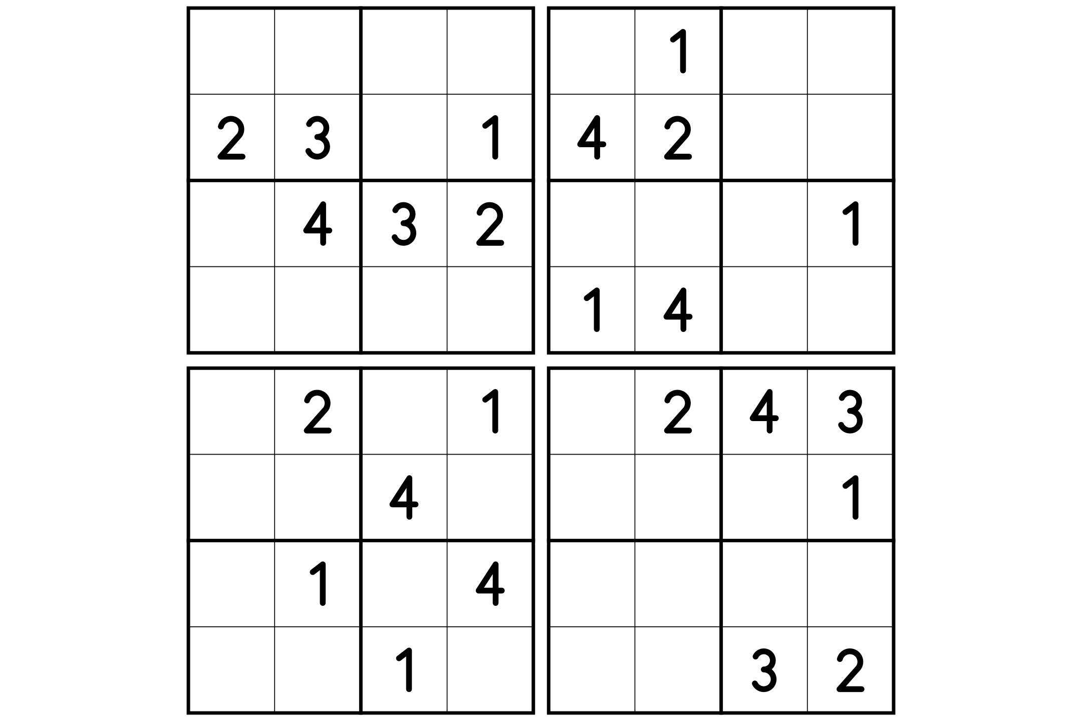 Four medium 4x4 sudoku puzzles on one page, printed in black and white.