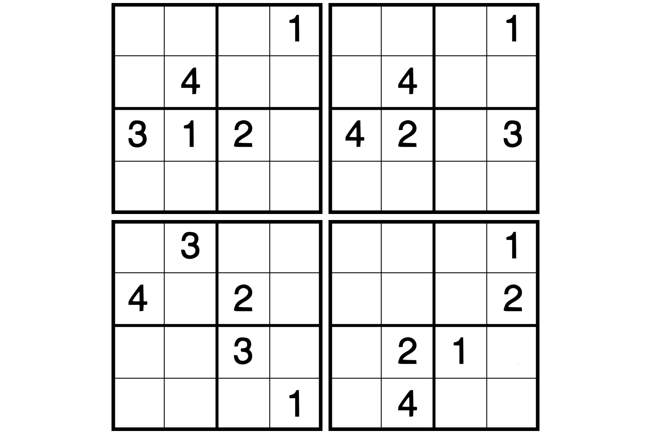 Four 4x4 Sudoku puzzles with solutions.