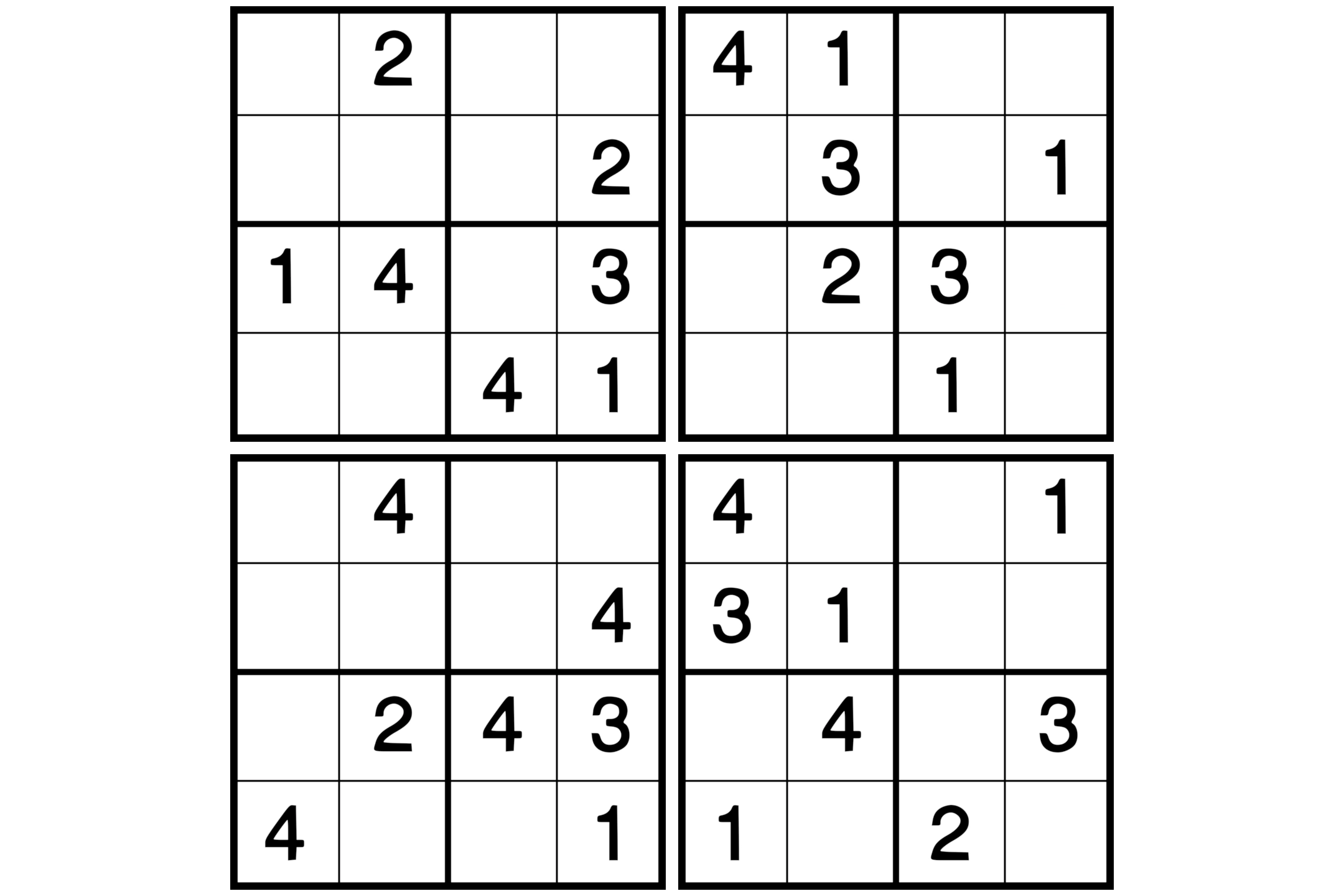 Four 4x4 Sudoku puzzles with solutions.
