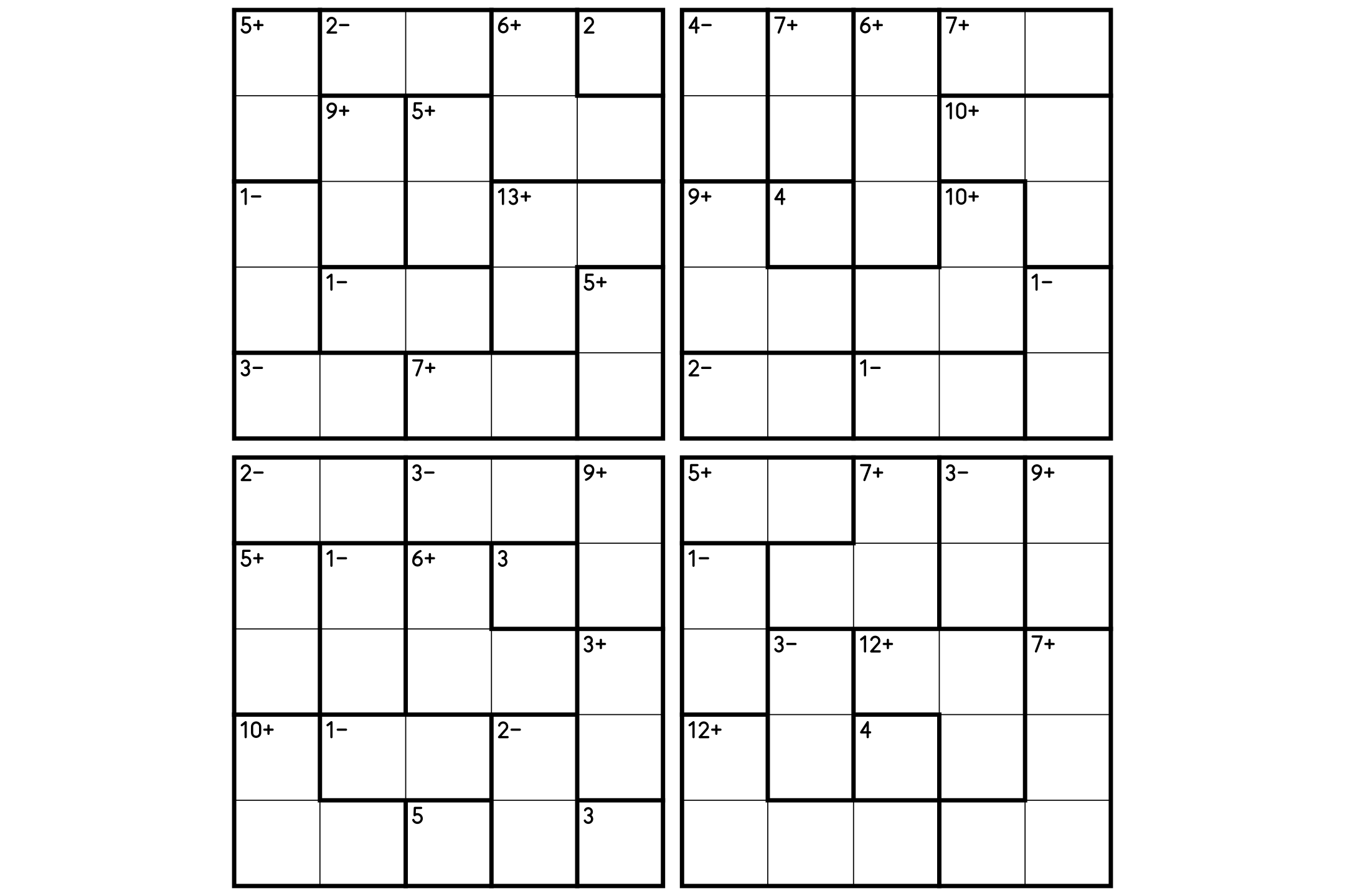 Four 5x5 calcudoku grids on one sheet, each cut into cages with a number and an operation, in black on white.