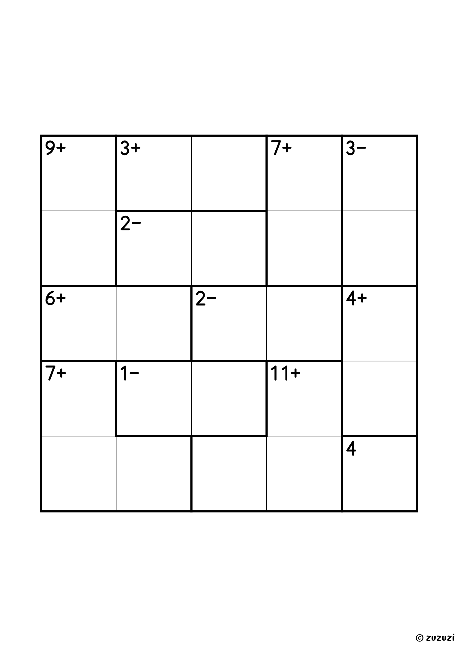 Intermediate 5x5 calcudoku with addition and subtraction cages, outlined with thick lines, and no given numbers. Digits 1 to 5, one solution. Variant 1.
