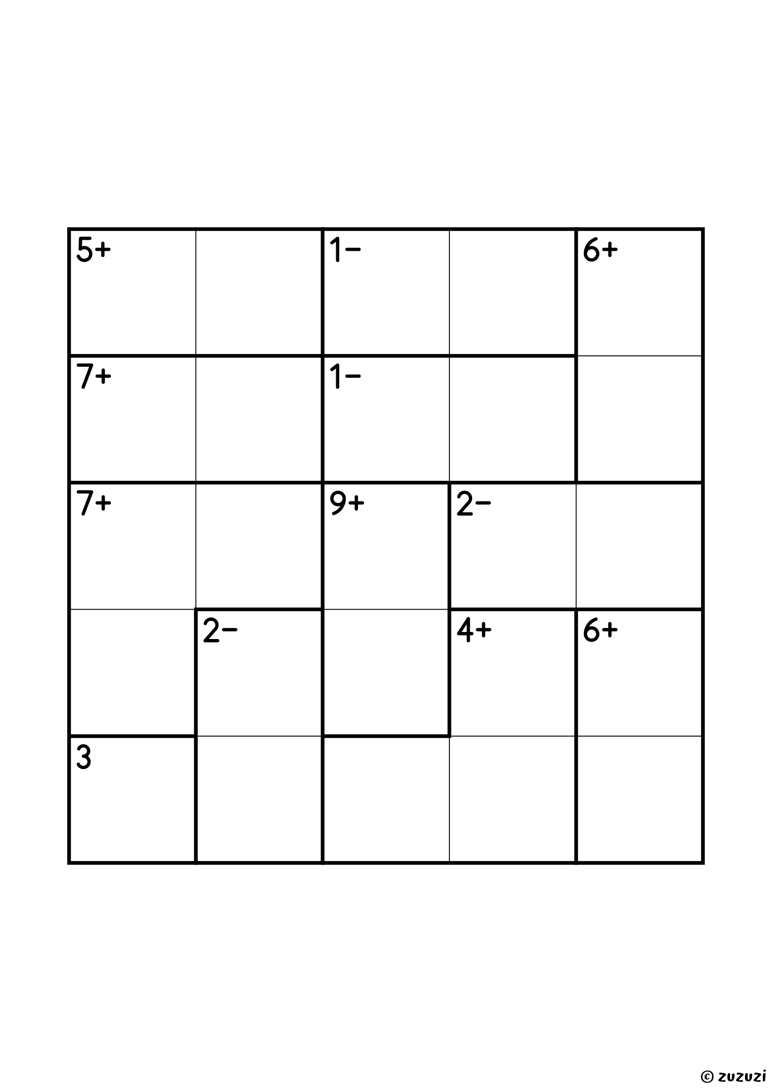 Intermediate 5x5 calcudoku with addition and subtraction cages, outlined with thick lines, and no given numbers. Digits 1 to 5, one solution. Variant 2.