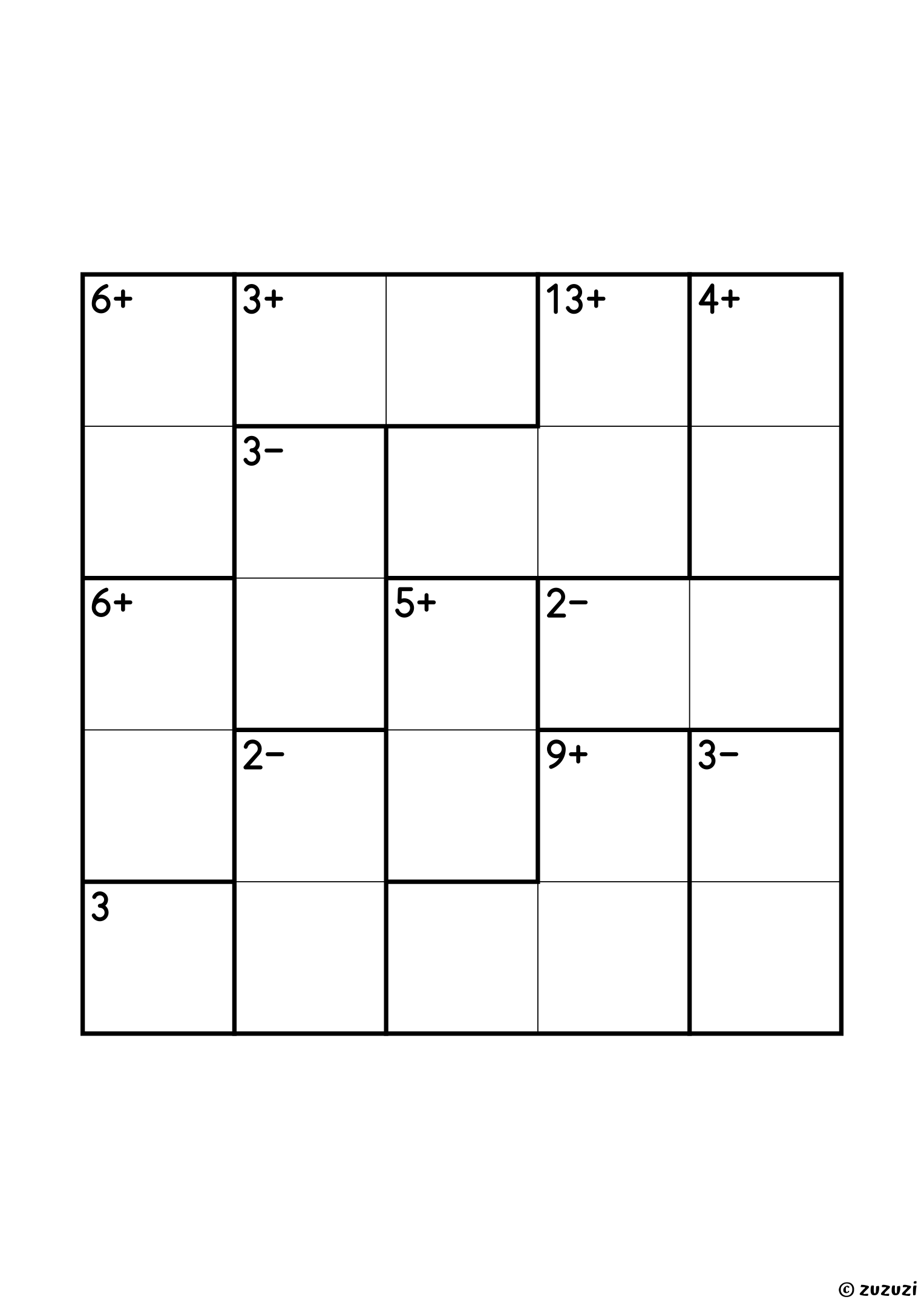 Intermediate 5x5 calcudoku with addition and subtraction cages, outlined with thick lines, and no given numbers. Digits 1 to 5, one solution. Variant 3.