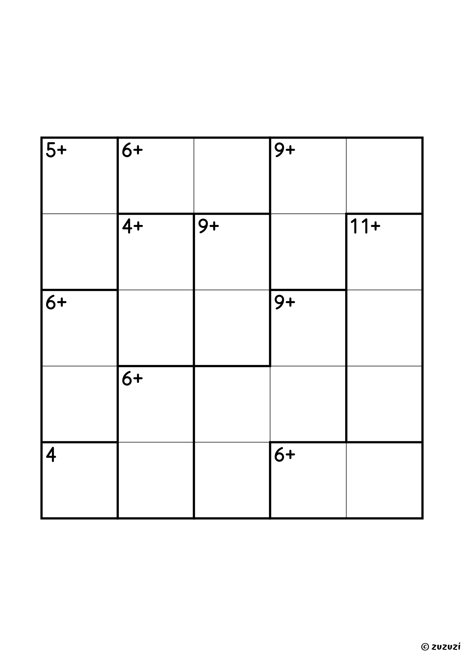 Beginner 5x5 calcudoku with addition cages only, outlined with thick lines, and no given numbers. Digits 1 to 5, one solution. Variant 1.