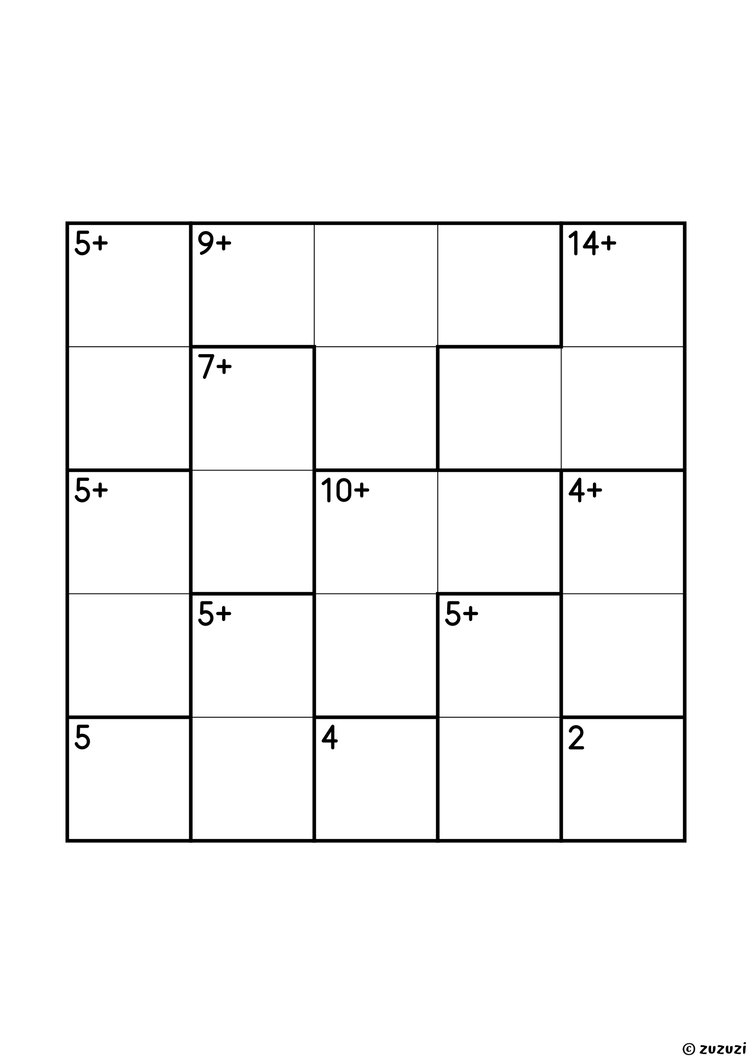 Beginner 5x5 calcudoku with addition cages only, outlined with thick lines, and no given numbers. Digits 1 to 5, one solution. Variant 2.