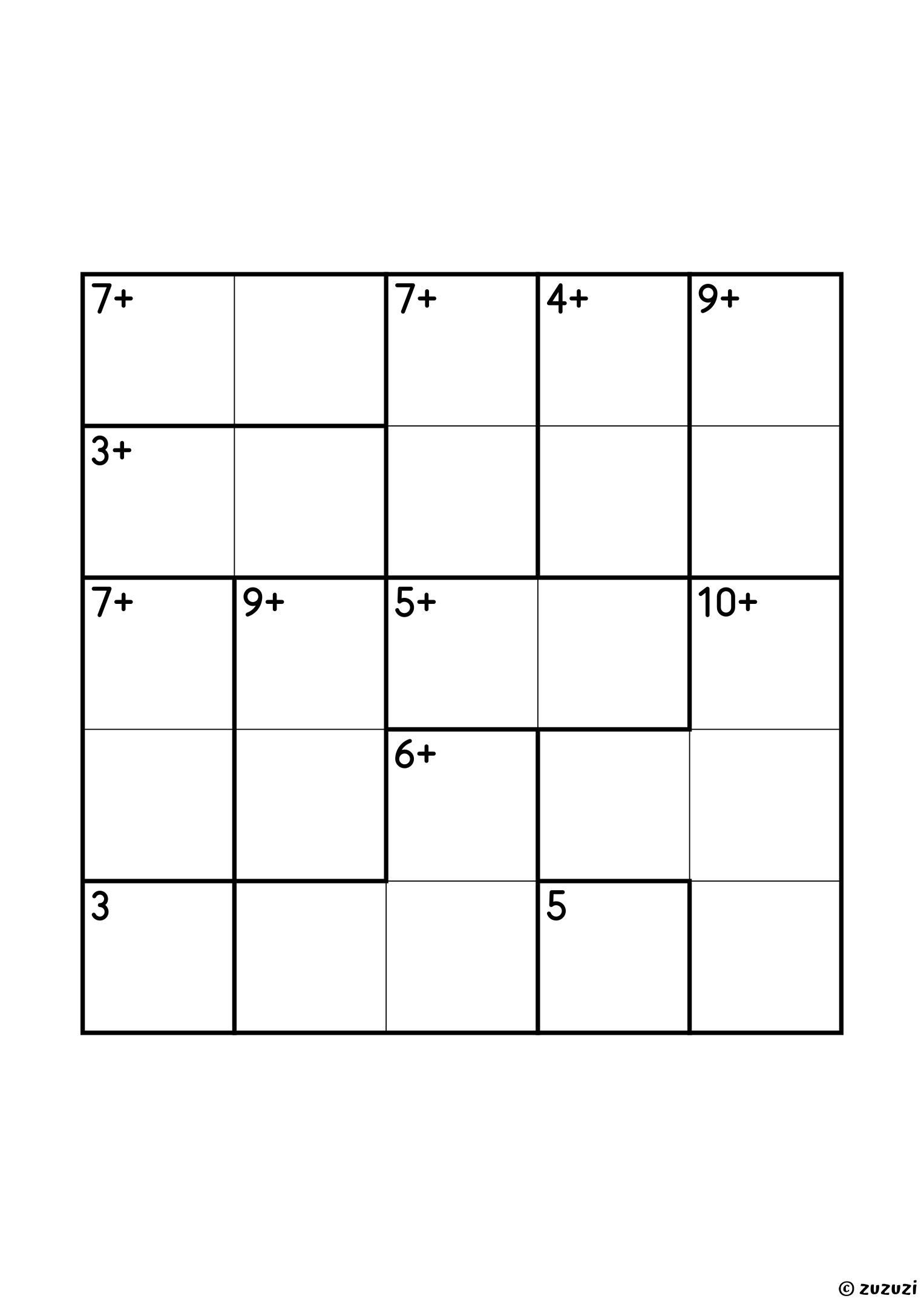 Beginner 5x5 calcudoku with addition cages only, outlined with thick lines, and no given numbers. Digits 1 to 5, one solution. Variant 3.