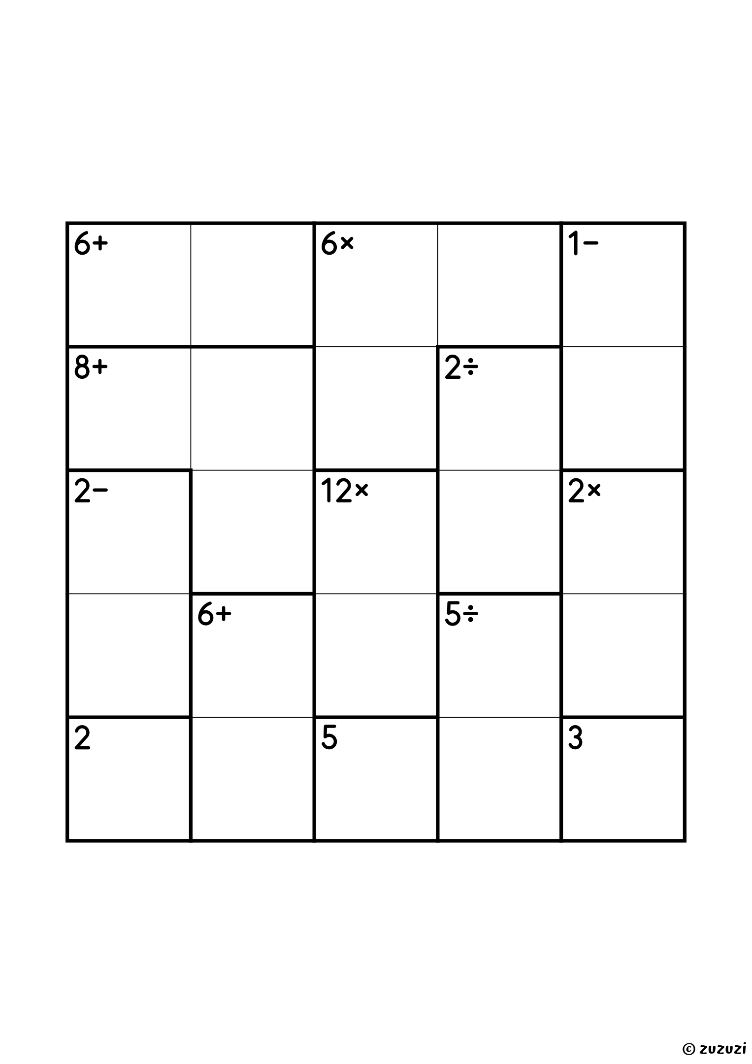Advanced 5x5 calcudoku with addition, subtraction, multiplication, and division cages, outlined with thick lines, and no given numbers. Digits 1 to 5, one solution. Variant 2.