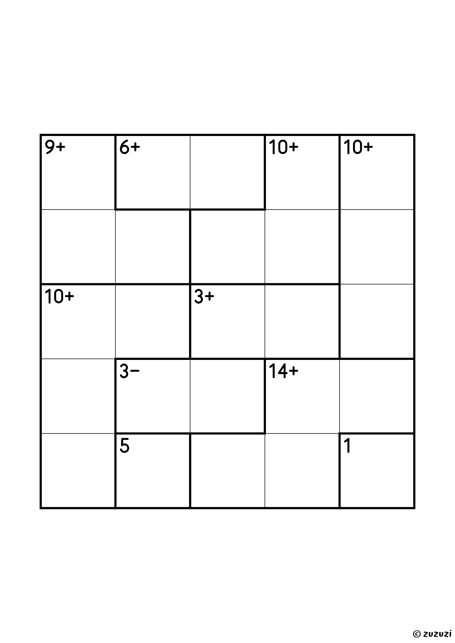 5x5 calcudoku with addition and subtraction, ten cages: two single cells (1 and 5), a 3− pair, two addition pairs (3+ and 6+), three three-cell cages (9+, 10+ and 10+) and two four-cell cages (10+ and 14+). Addition and subtraction, puzzle 1 of 4.