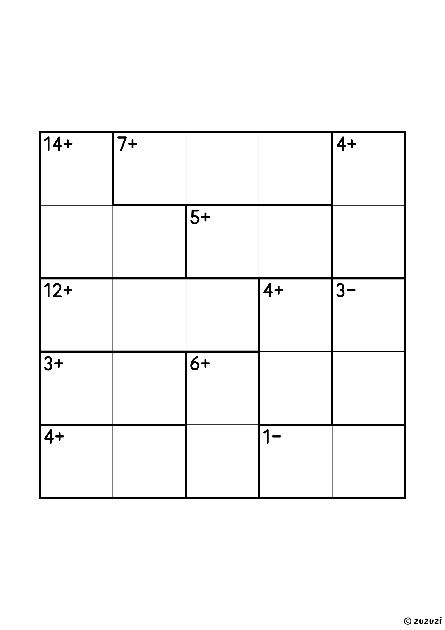 5x5 calcudoku with addition and subtraction, eleven cages and no given digit: two subtraction pairs (1− and 3−), six addition pairs (3+, 4+, 4+, 4+, 5+ and 6+) and three three-cell cages (7+, 12+ and 14+, which must repeat a 5). Addition and subtraction, puzzle 2 of 4.