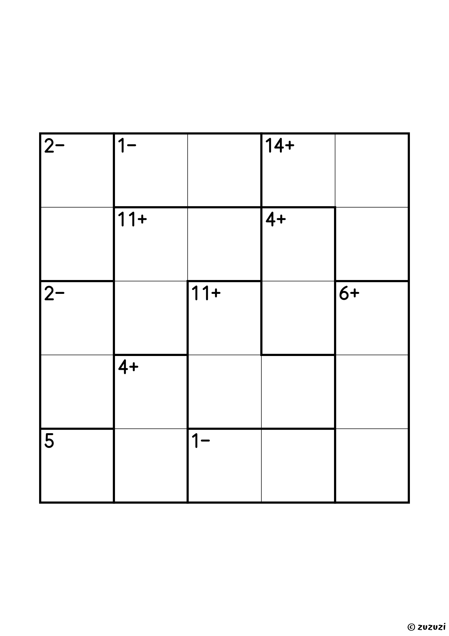 5x5 calcudoku with addition and subtraction, eleven cages: a single cell of 5, four subtraction pairs (1−, 1−, 2− and 2−), two addition pairs of 4+ and four three-cell cages (6+, 11+, 11+ and 14+). Addition and subtraction, puzzle 3 of 4.
