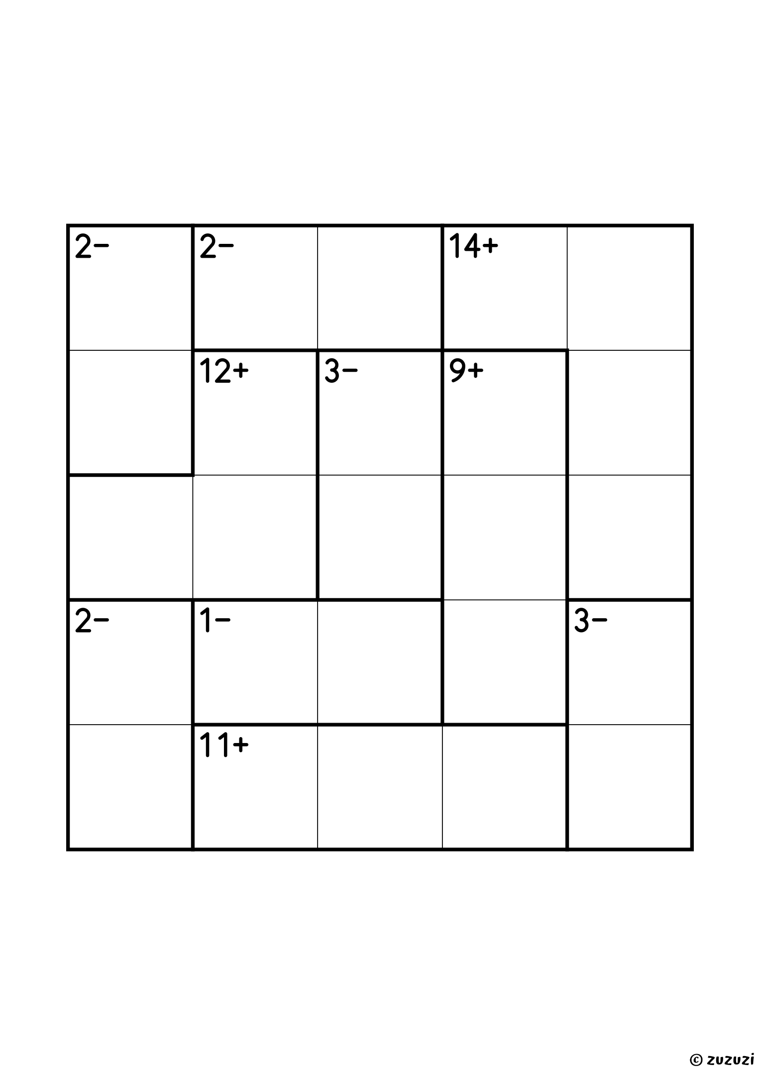 5x5 calcudoku with addition and subtraction, ten cages, six of them subtraction pairs (1−, 2−, 2−, 2−, 3− and 3−), with three three-cell cages (9+, 11+ and 12+) and a four-cell 14+. Addition and subtraction, puzzle 4 of 4.