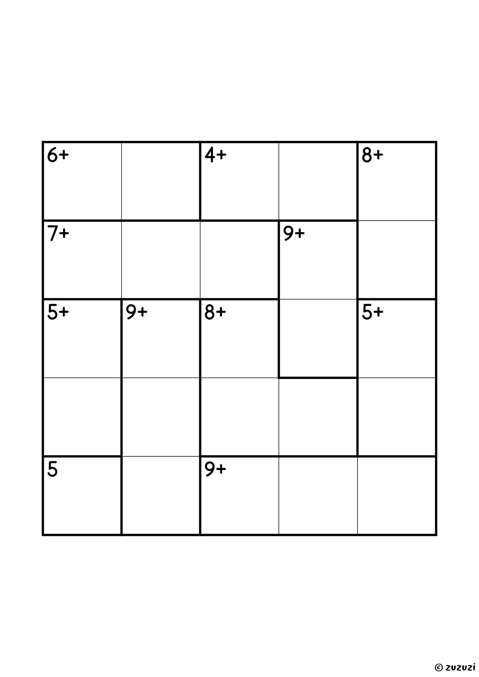 5x5 calcudoku with addition only, eleven cages: a single cell of 5, six two-cell cages (4+, 5+, 5+, 6+, 8+ and 9+, the last one being 4 and 5) and four three-cell cages (7+, 8+, 9+ and 9+). Addition, puzzle 1 of 4.