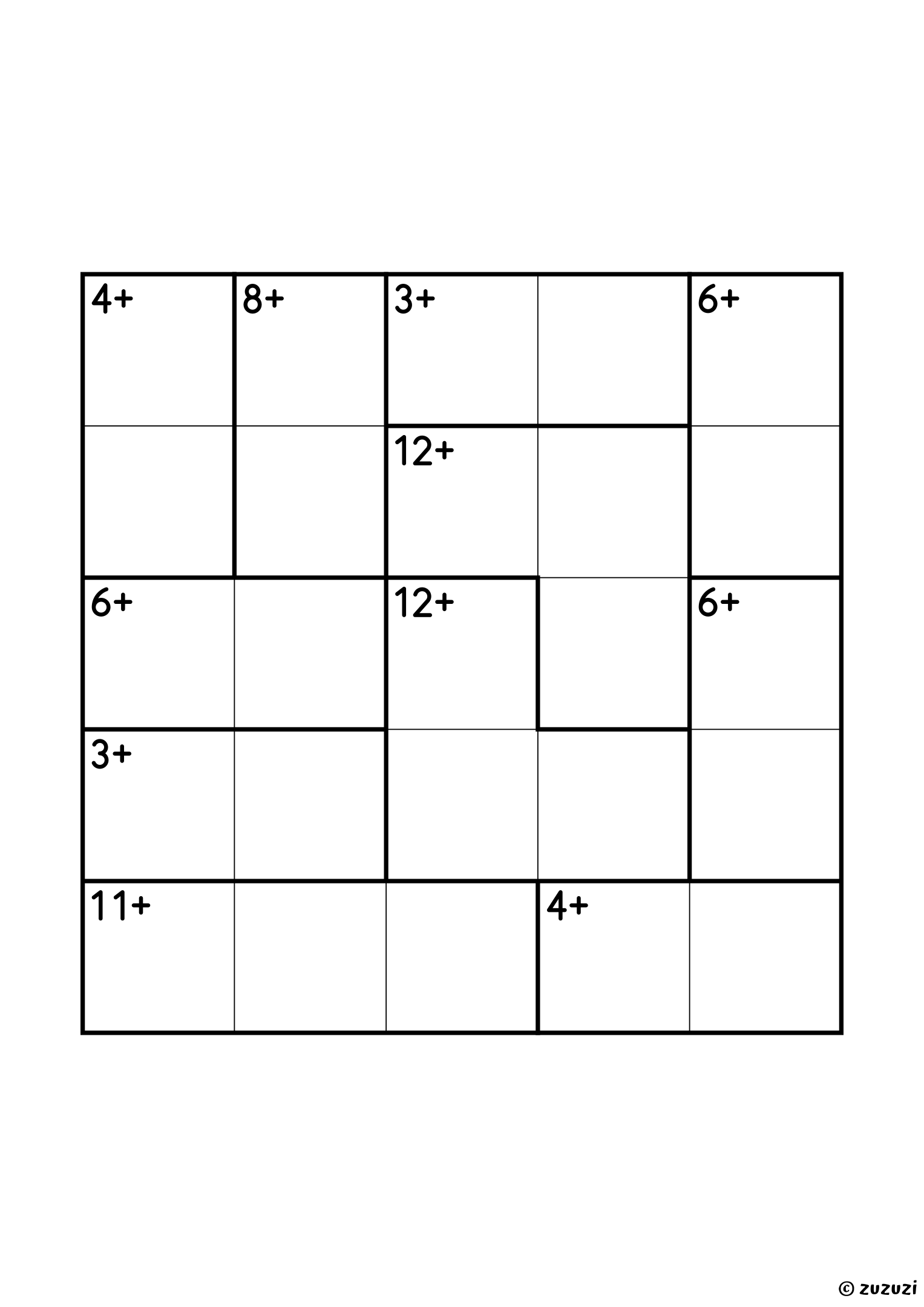 5x5 calcudoku with addition only, eleven cages and no given digit: eight two-cell cages, among them two of 3+ (1 and 2 each) and three of 6+, and three three-cell cages (11+, 12+ and 12+, a 12+ in a line being 3, 4 and 5). Addition, puzzle 2 of 4.