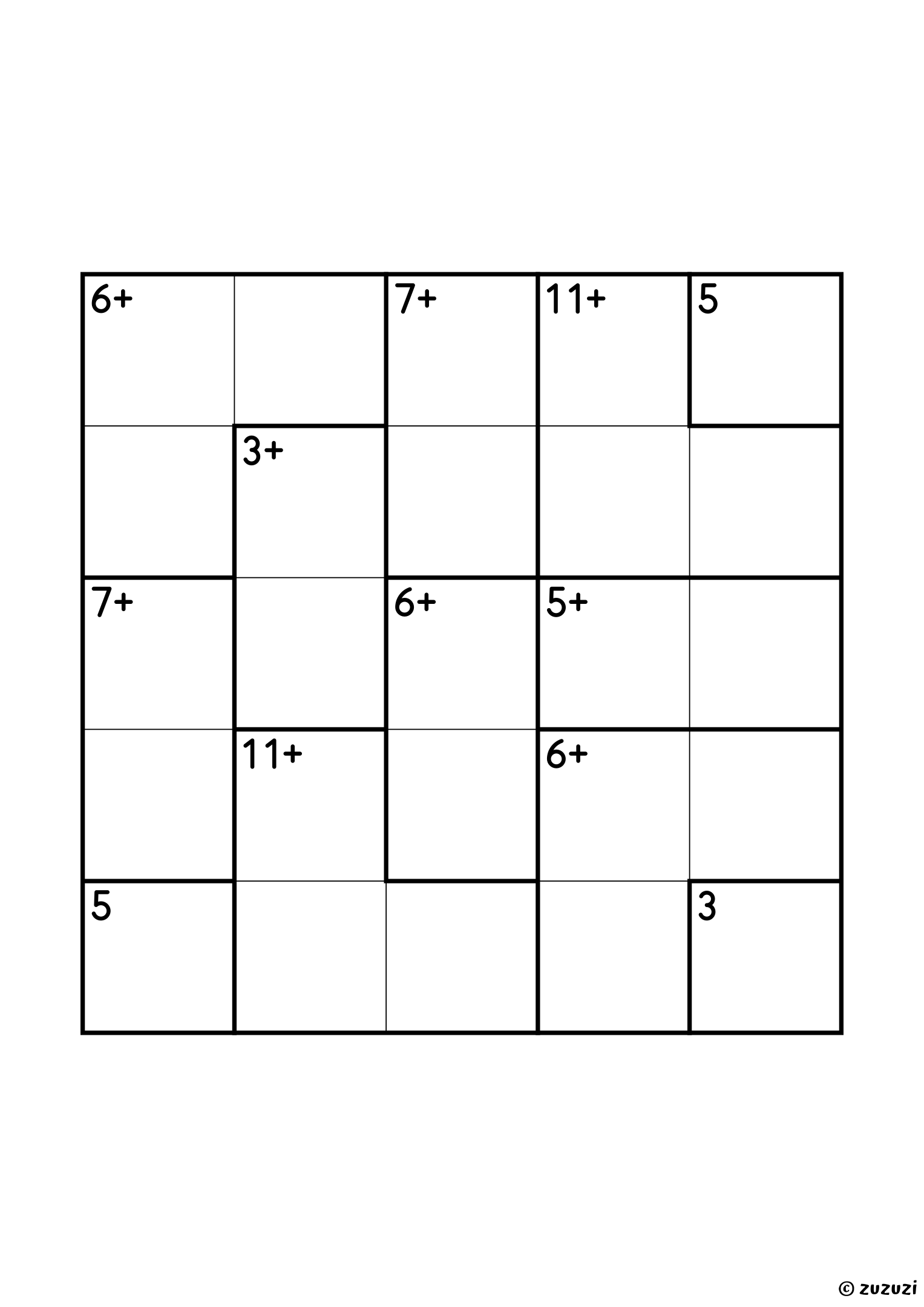 5x5 calcudoku with addition only, twelve cages: three single cells (3, 5 and 5), five two-cell cages (3+, 5+, 6+, 7+ and 7+) and four three-cell cages (6+, 6+, 11+ and 11+). Addition, puzzle 3 of 4.