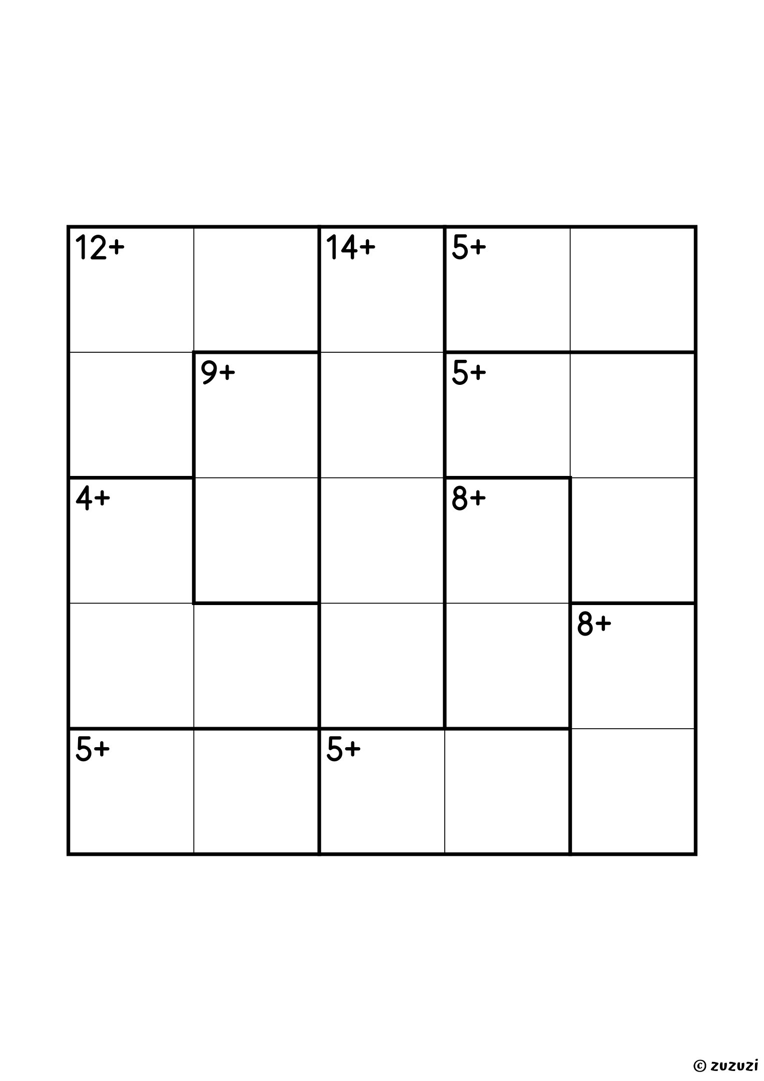 5x5 calcudoku with addition only, ten cages and no given digit: six pairs (5+, 5+, 5+, 8+, 8+ and 9+), three three-cell cages (4+, which is 1, 1 and 2 around a corner, 5+ and 12+) and a four-cell 14+. Addition, puzzle 4 of 4.