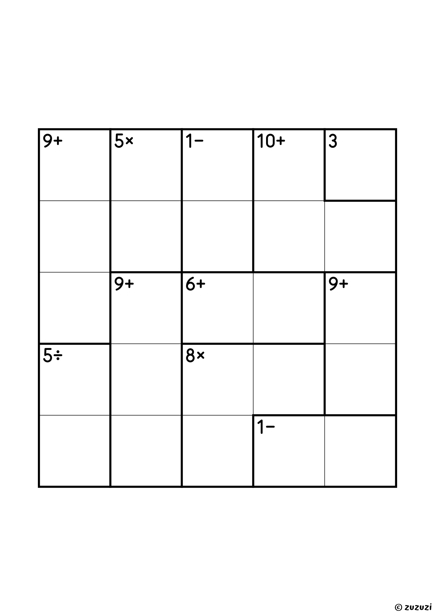 5x5 calcudoku with all four operations, eleven cages: a single cell of 3, two 1− pairs, a 5× pair and a 5÷ pair (1 and 5 each), two addition pairs (6+ and 9+) and four three-cell cages (8×, 9+, 9+ and 10+). All operations, puzzle 1 of 4.