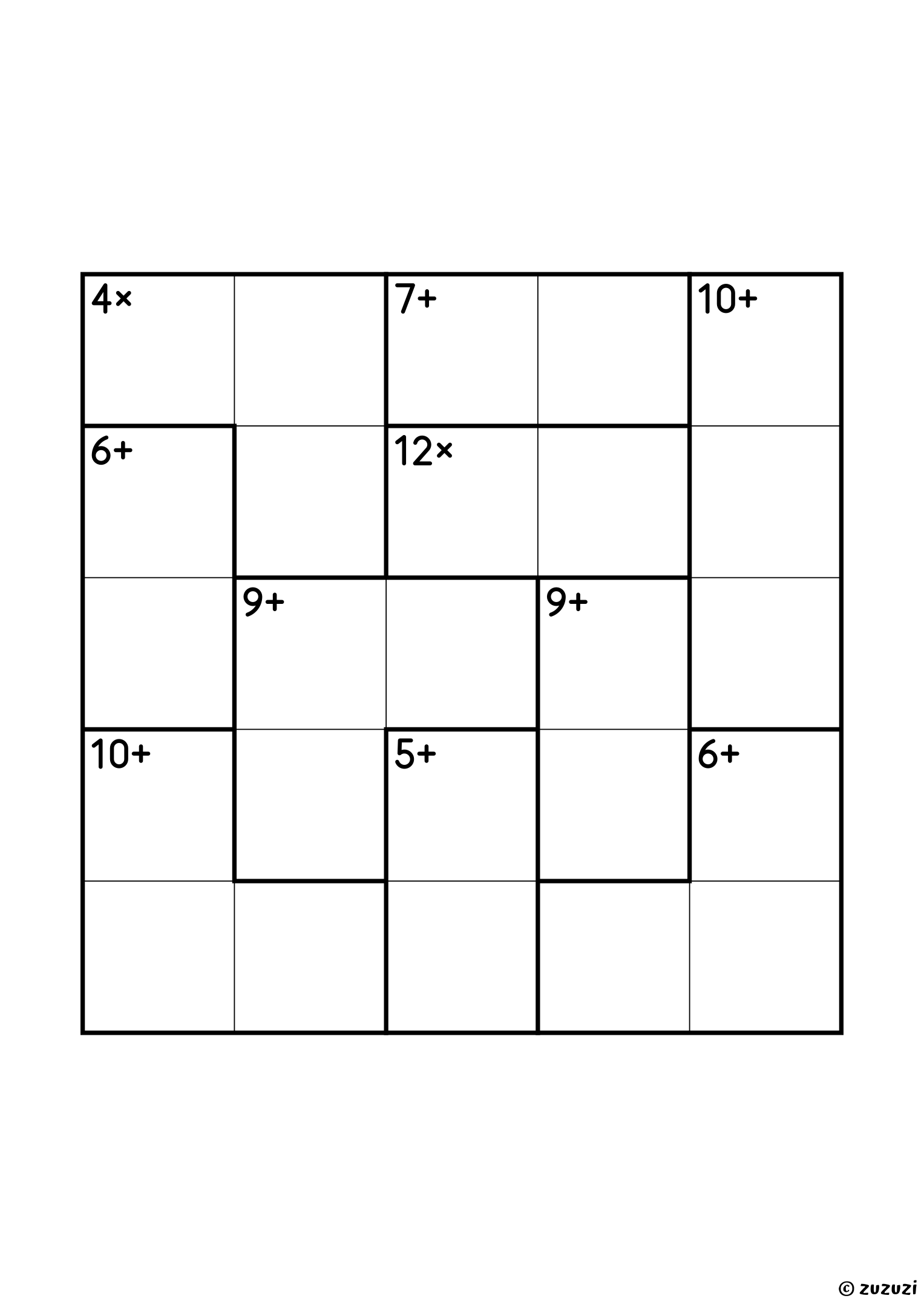 5x5 calcudoku with all four operations, ten cages and no given digit: a 12× pair (3 and 4), four addition pairs (5+, 6+, 7+ and 9+) and five three-cell cages (4×, which is 1, 1 and 4 or 1, 2 and 2, then 6+, 9+, 10+ and 10+). All operations, puzzle 2 of 4.
