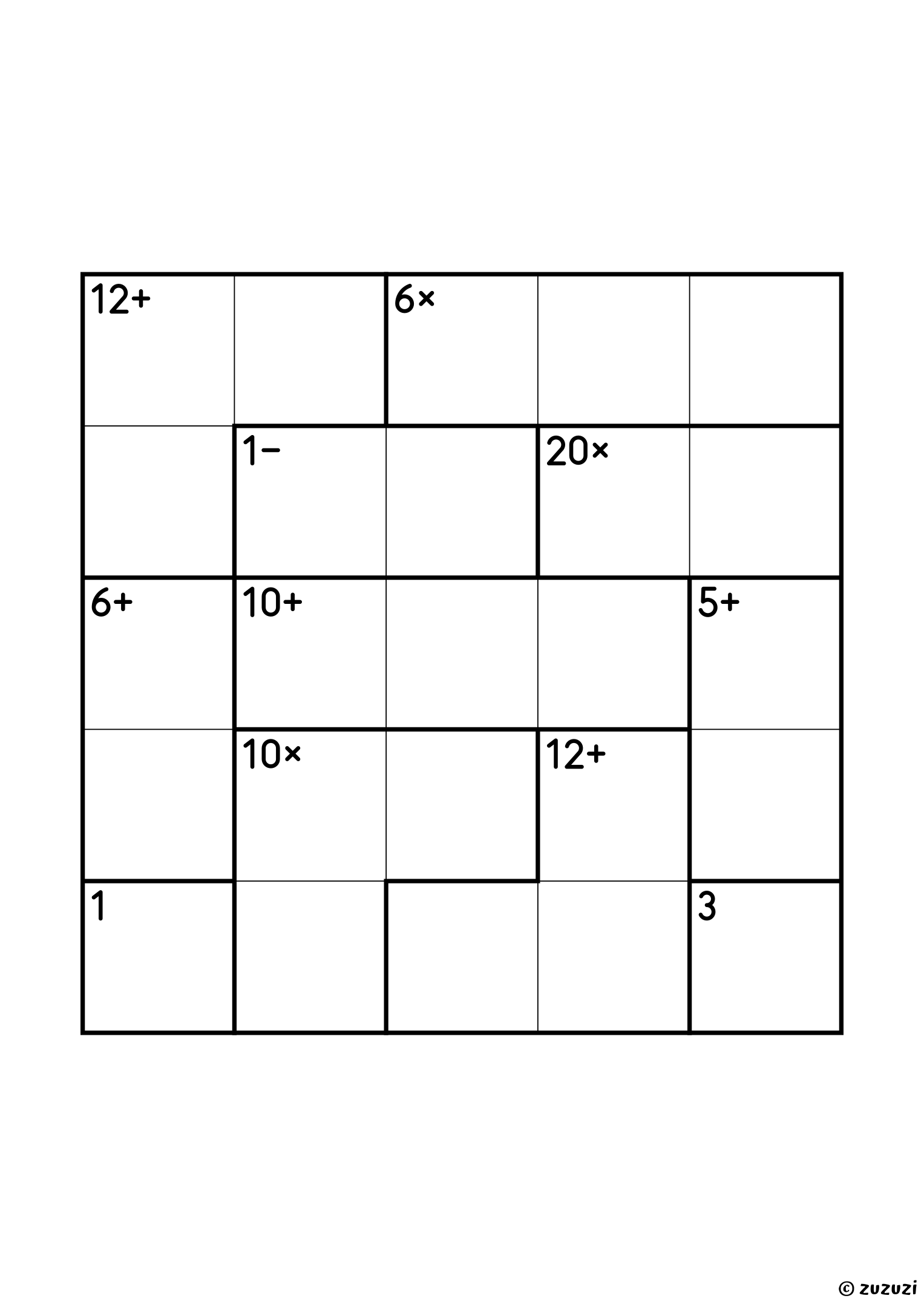5x5 calcudoku with all four operations, eleven cages: two single cells (1 and 3), a 1− pair, a 20× pair (4 and 5), two addition pairs (5+ and 6+) and five three-cell cages (6×, 10×, 10+, 12+ and 12+). All operations, puzzle 3 of 4.